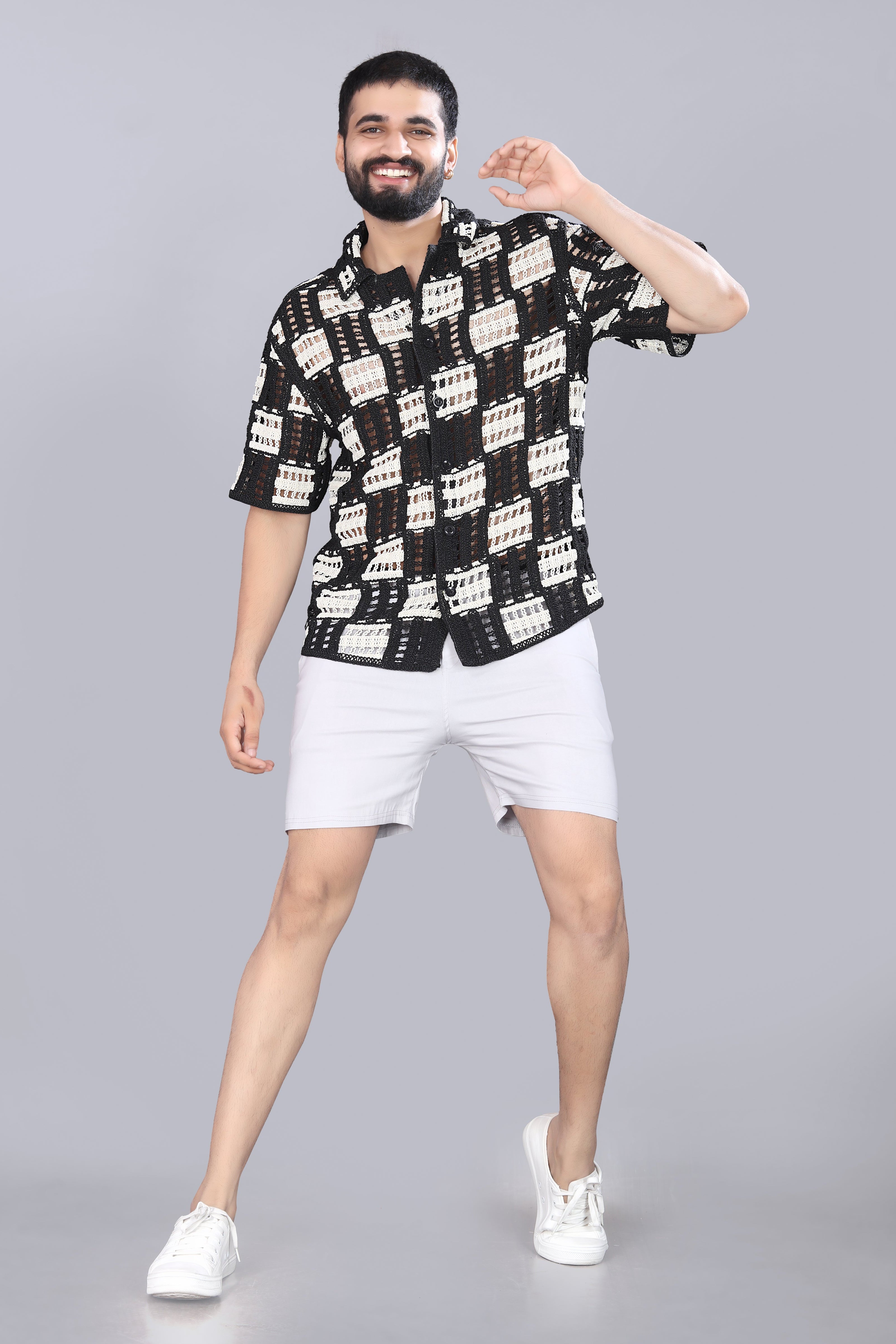 White & Black Box Crotchet Shirt