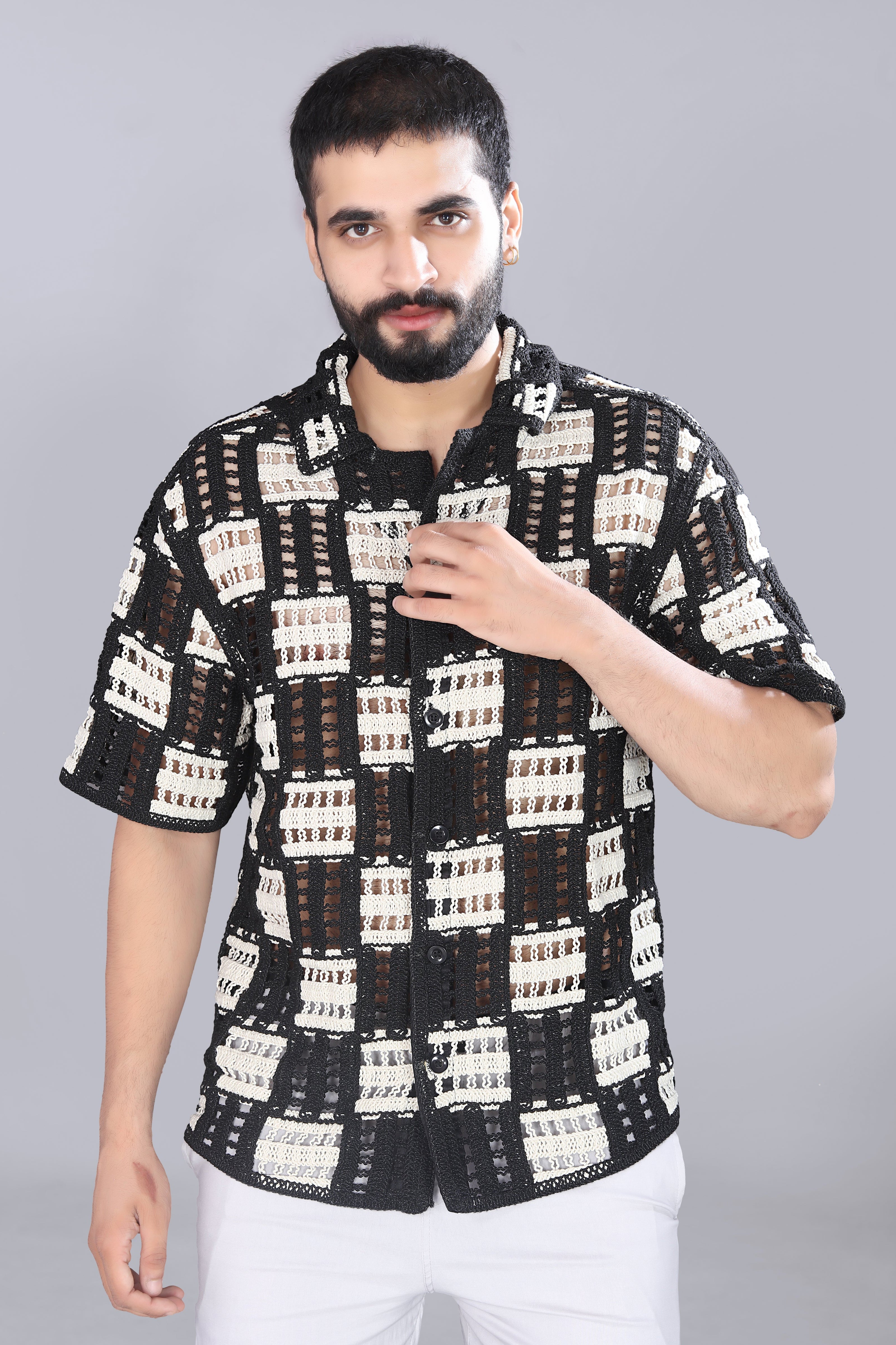 White & Black Box Crotchet Shirt