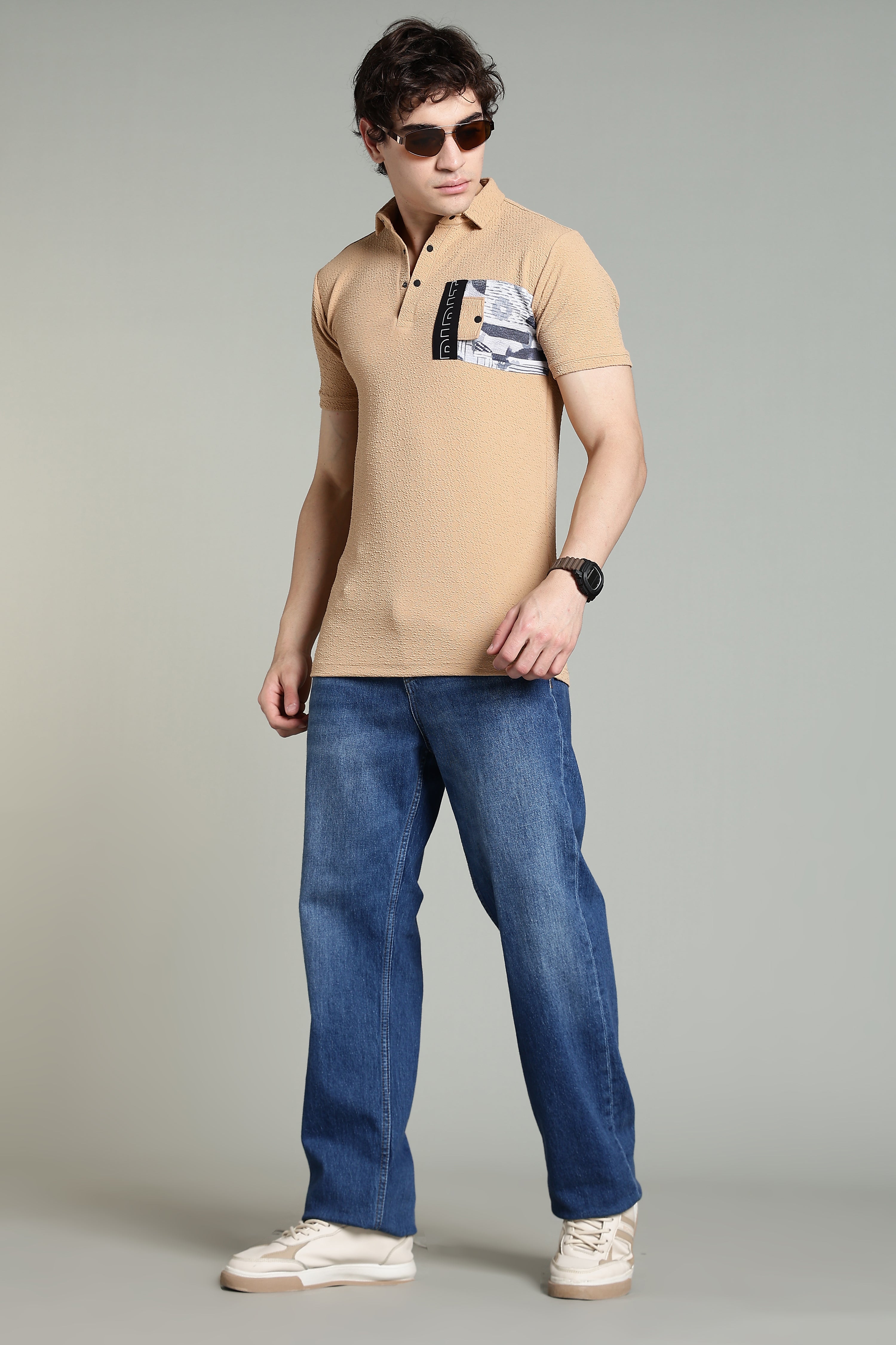 Polo T-Shirt with Contrast Pocket – Camel Beige