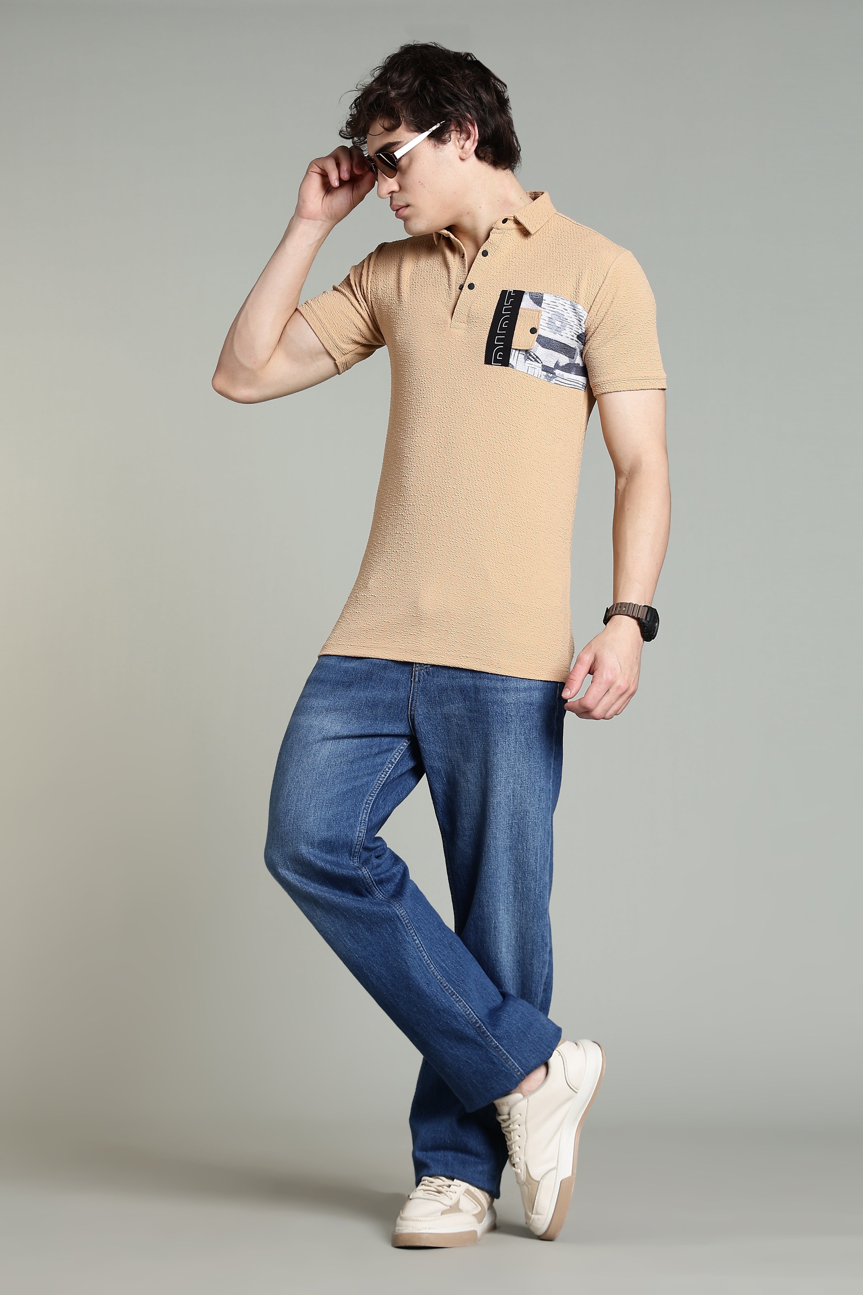 Polo T-Shirt with Contrast Pocket – Camel Beige