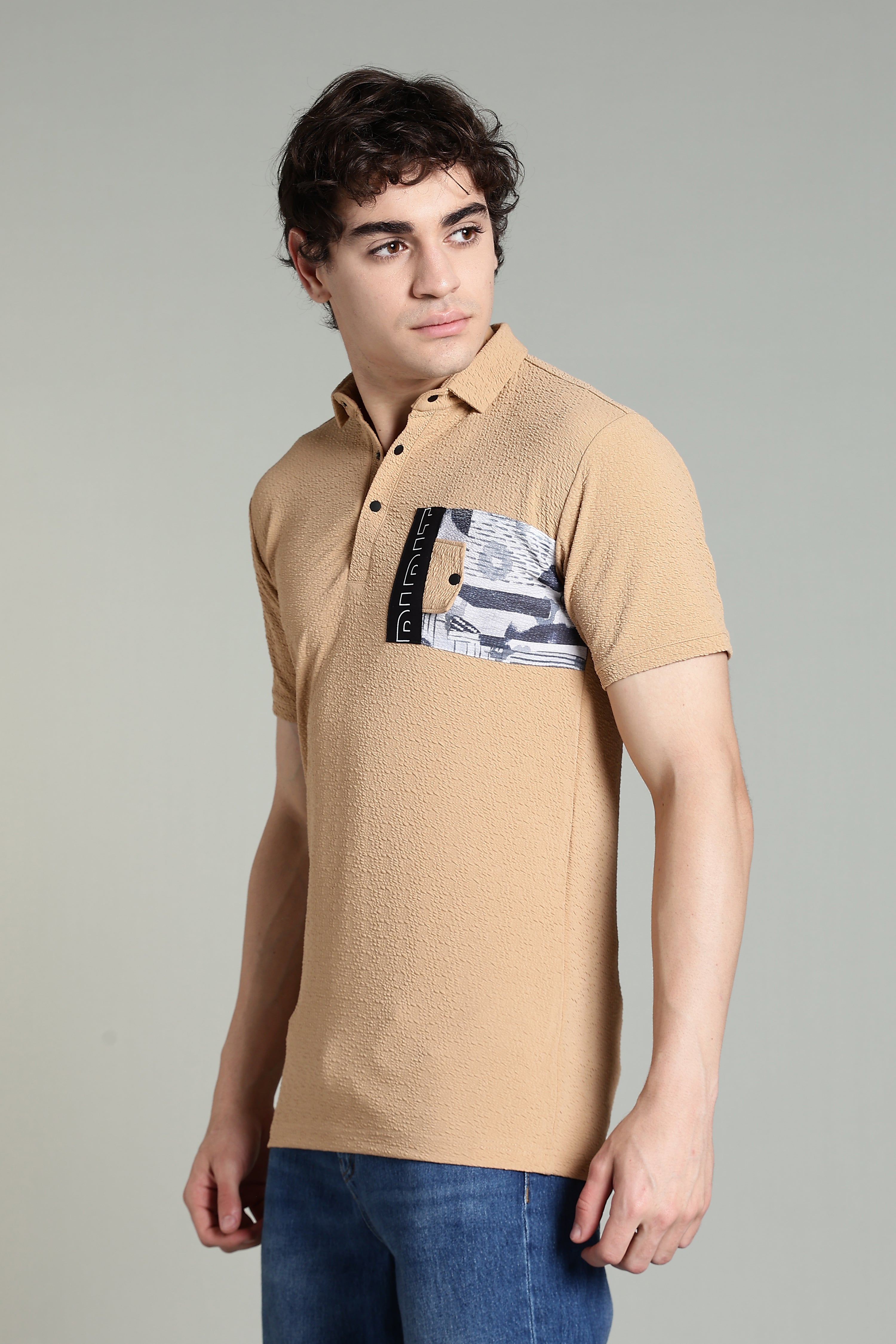 Polo T-Shirt with Contrast Pocket – Camel Beige