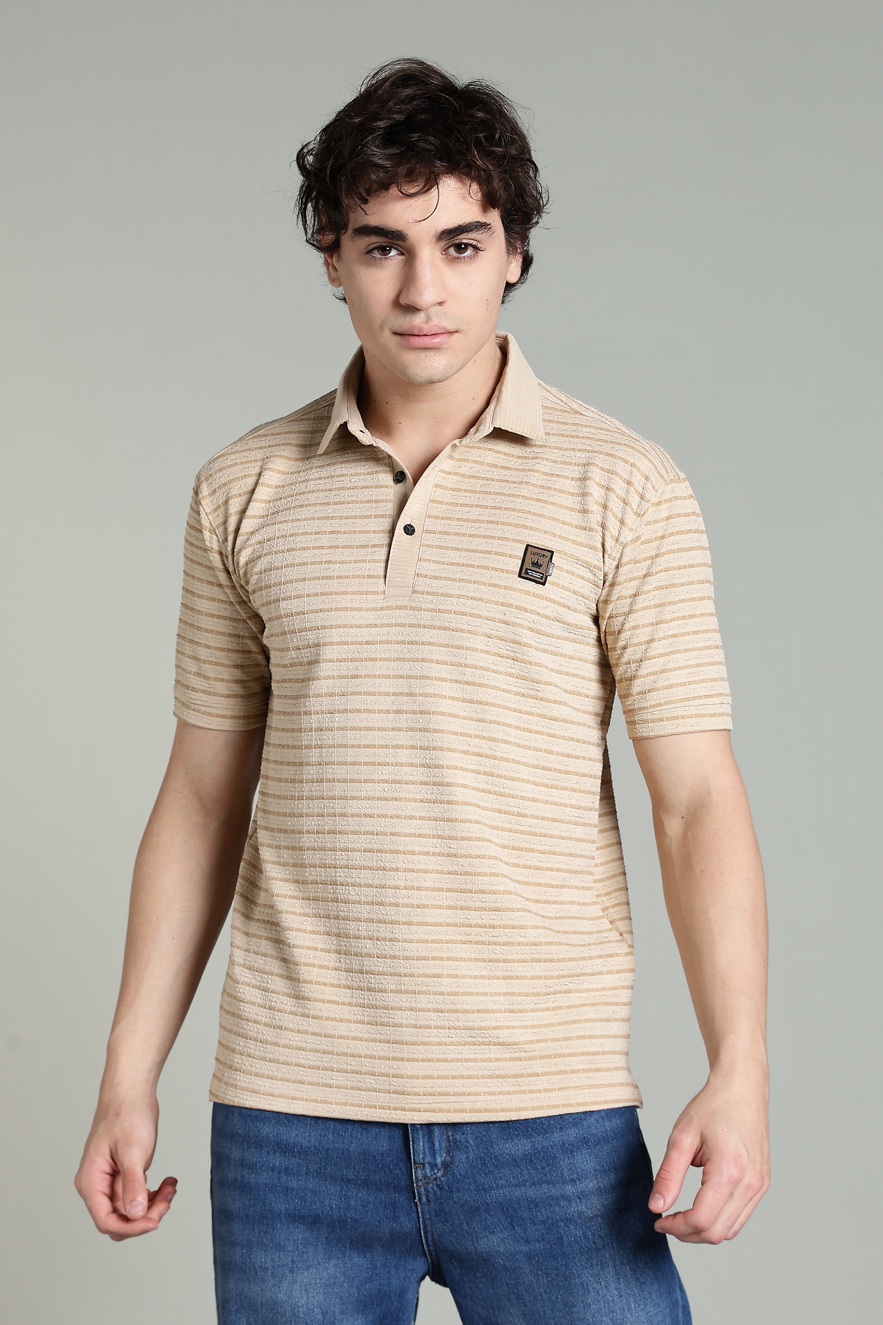Classic Beige Striped Polo Shirt