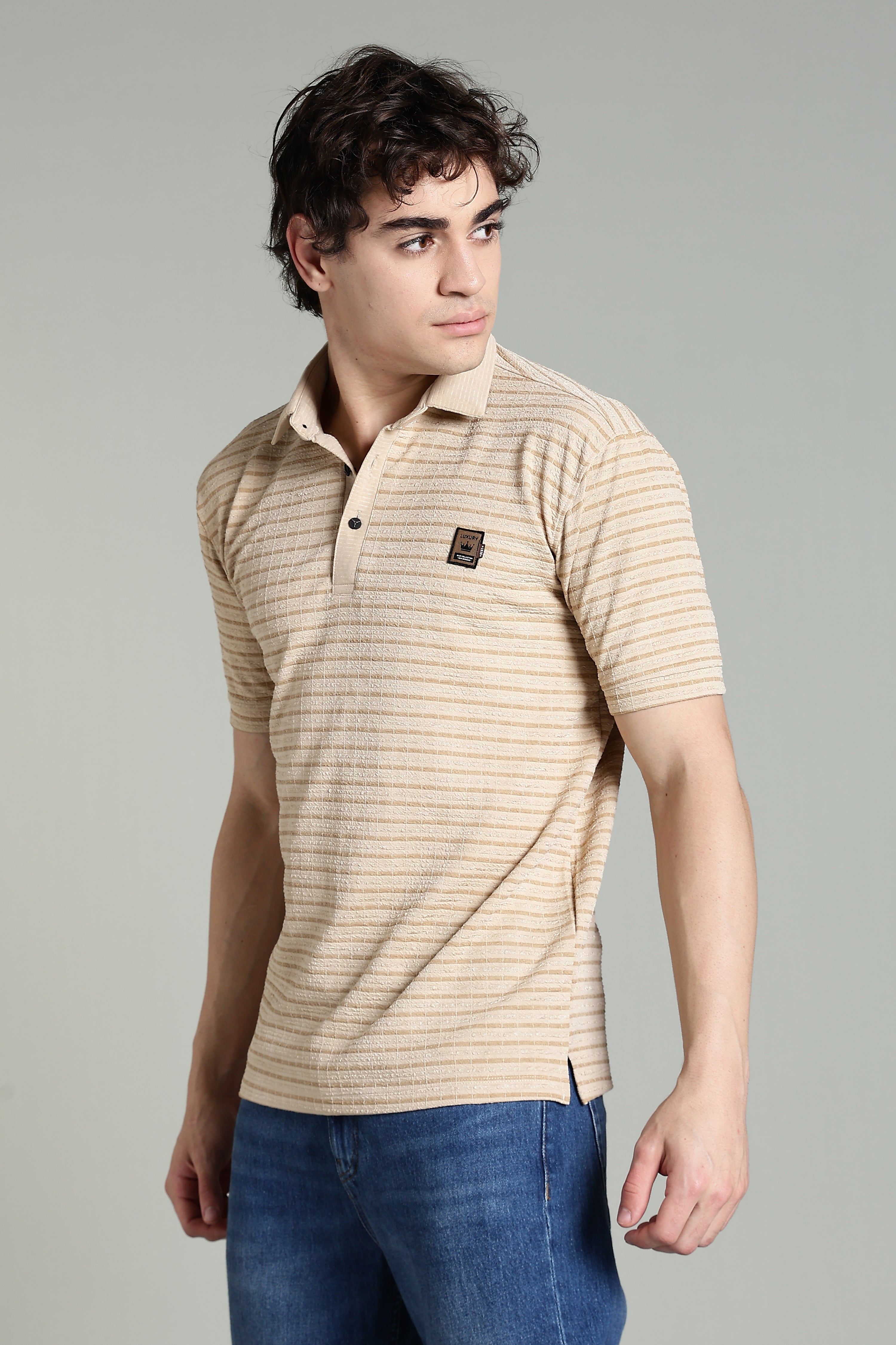 Classic Beige Striped Polo Shirt