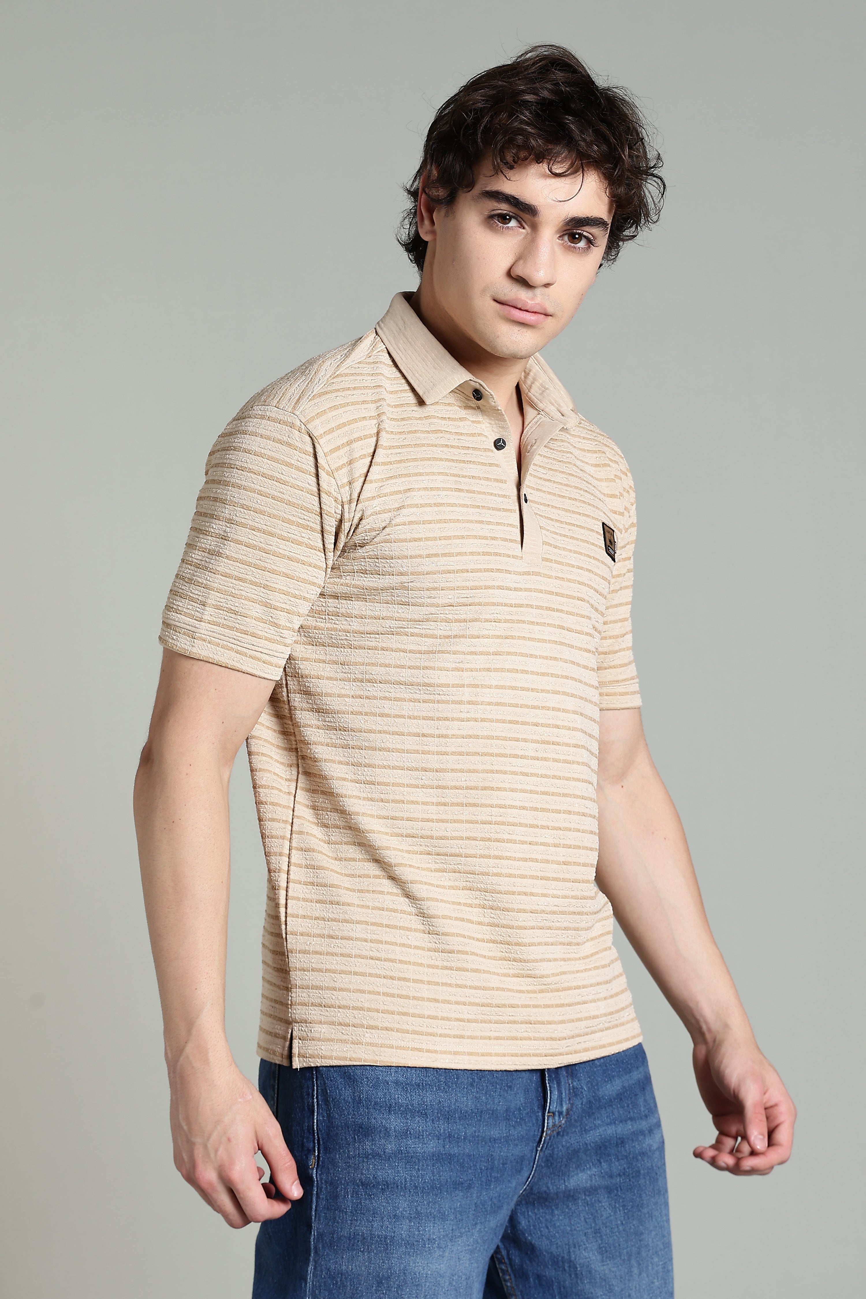 Classic Beige Striped Polo Shirt