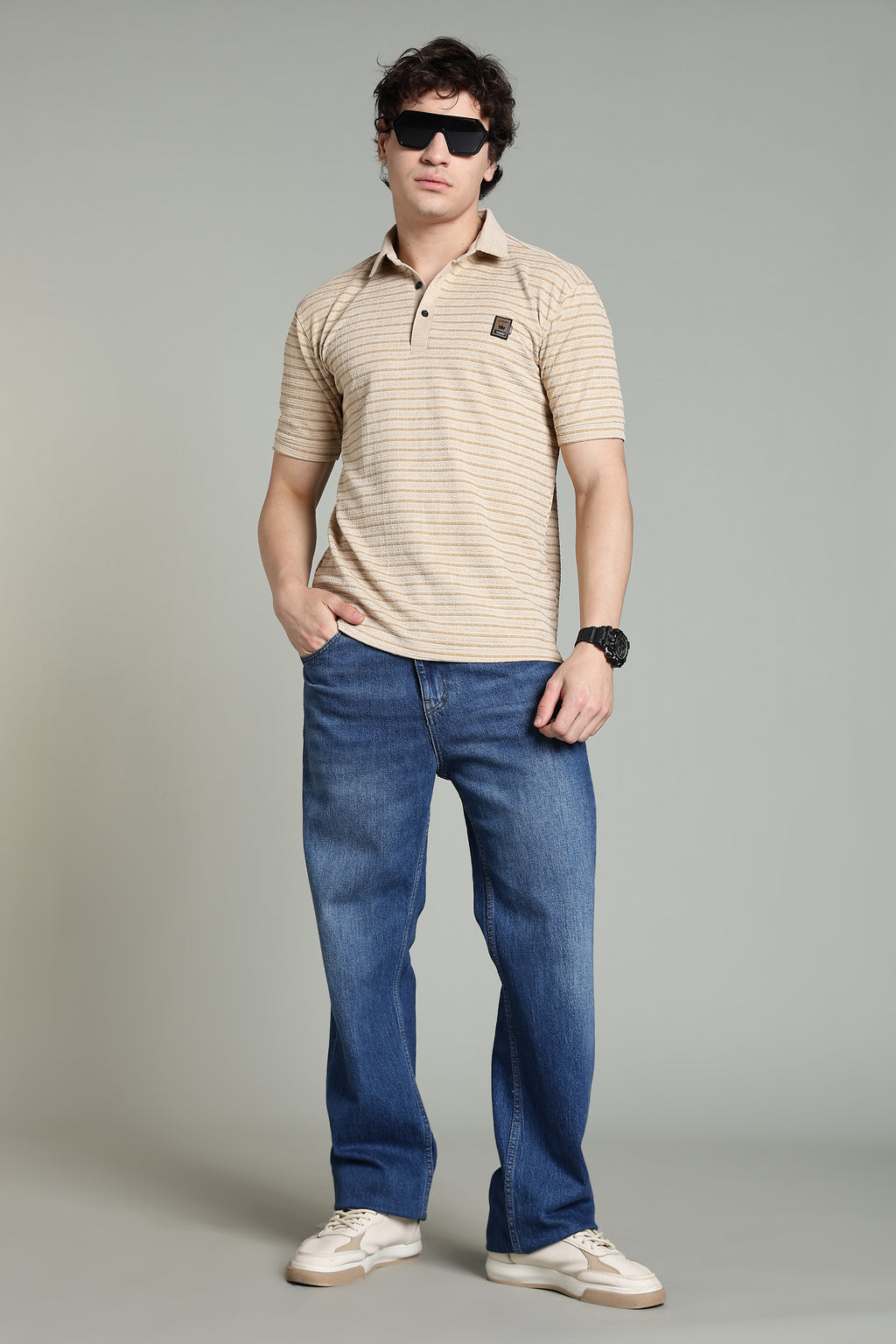Classic Beige Striped Polo Shirt