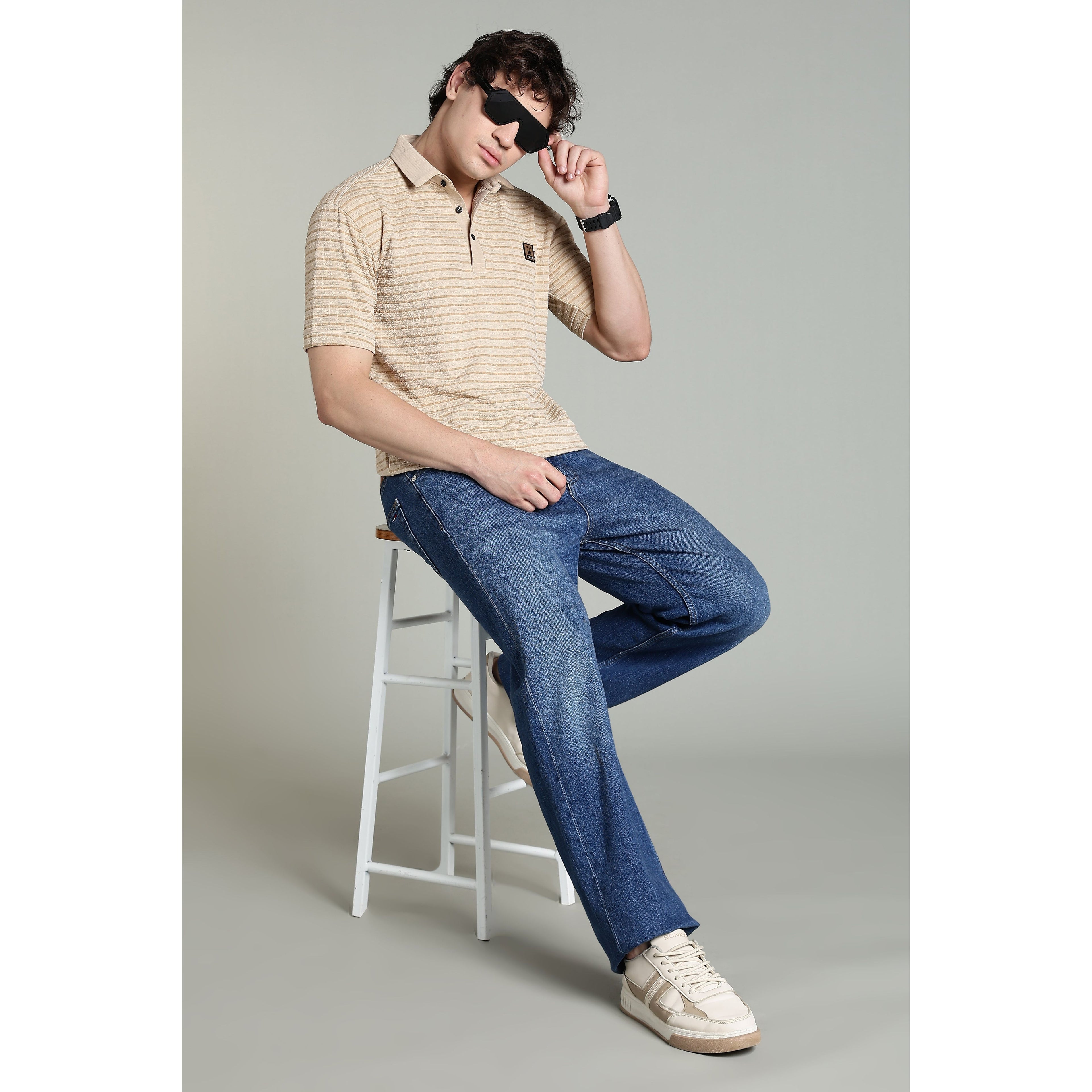 Classic Beige Striped Polo Shirt