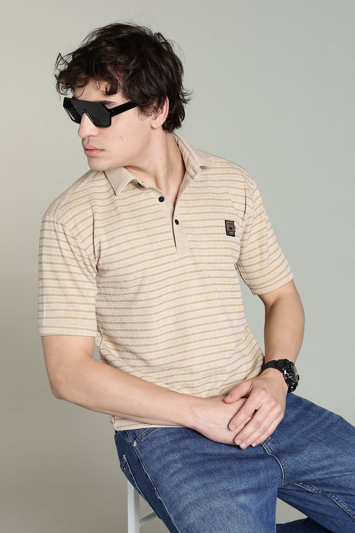 Classic Beige Striped Polo Shirt