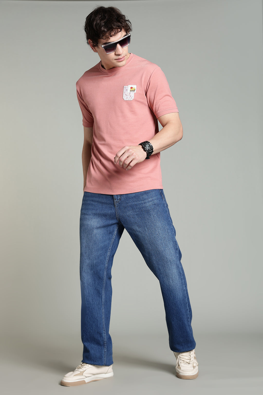 Crew-Neck T-Shirt with Printed Pocket – Dusty Pink