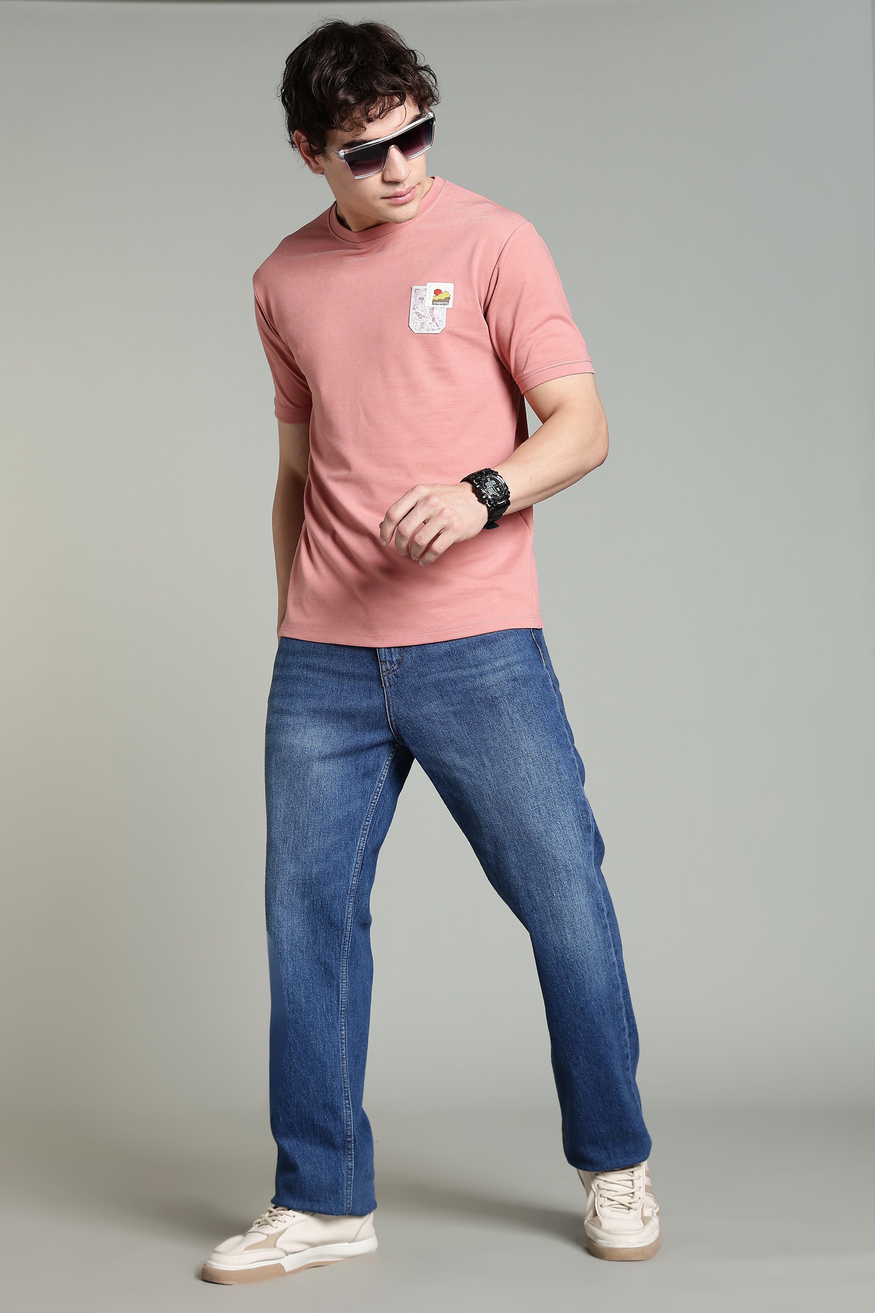 Crew-Neck T-Shirt with Printed Pocket – Dusty Pink