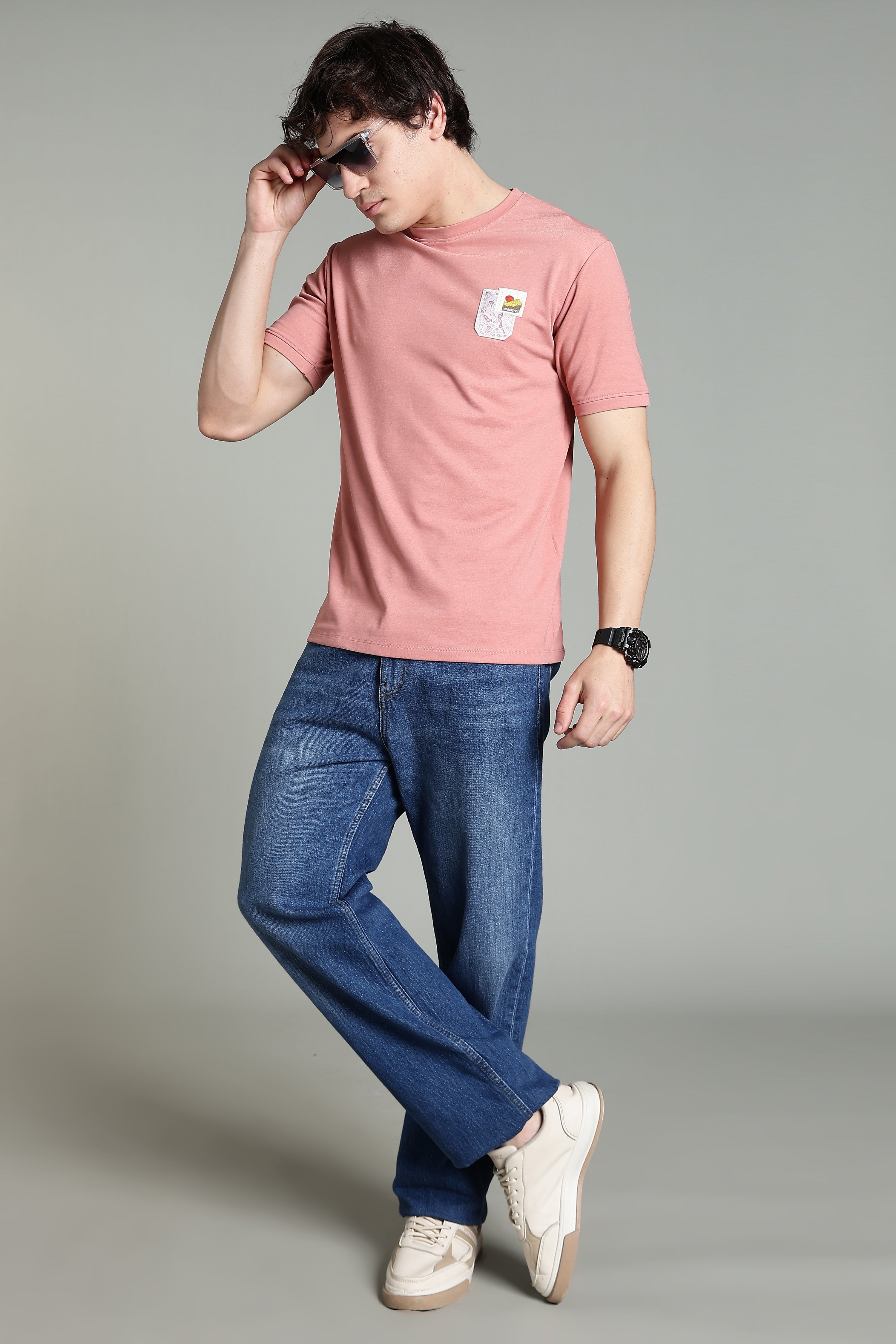 Crew-Neck T-Shirt with Printed Pocket – Dusty Pink