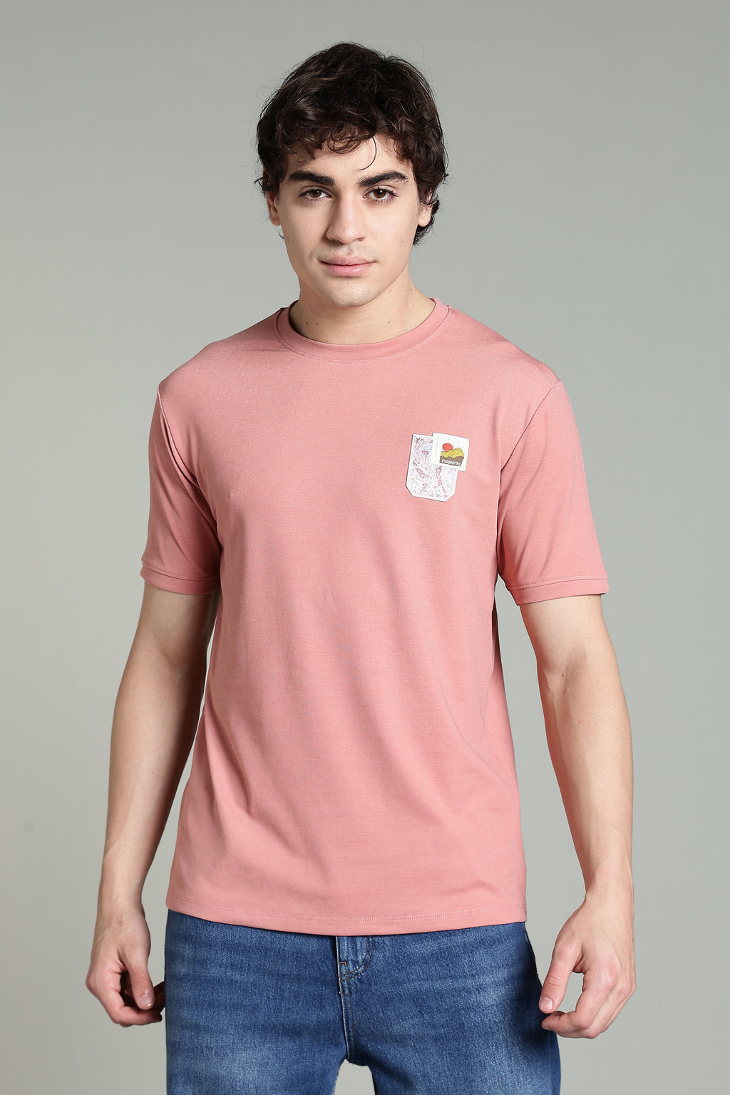 Crew-Neck T-Shirt with Printed Pocket – Dusty Pink