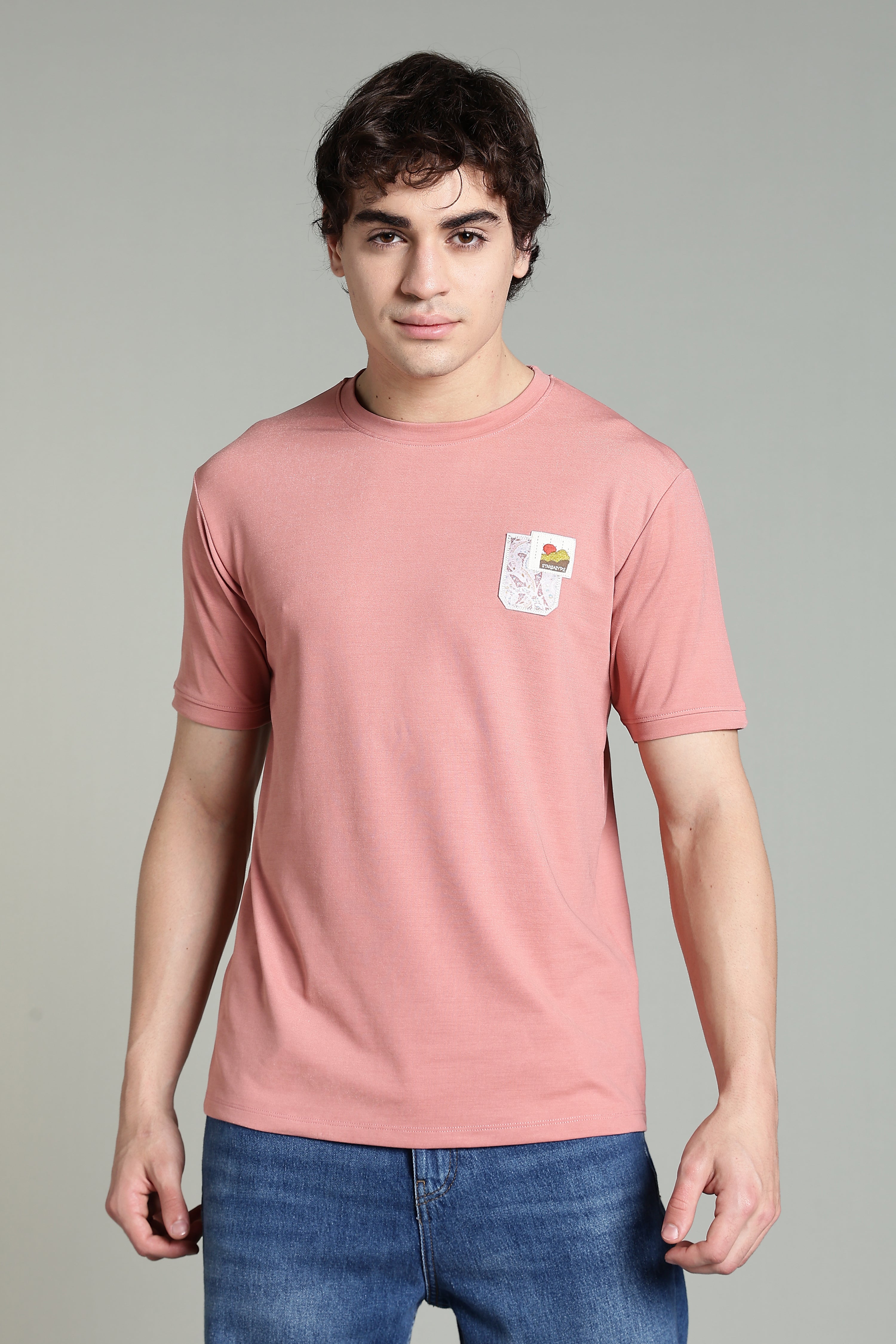 Crew-Neck T-Shirt with Printed Pocket – Dusty Pink