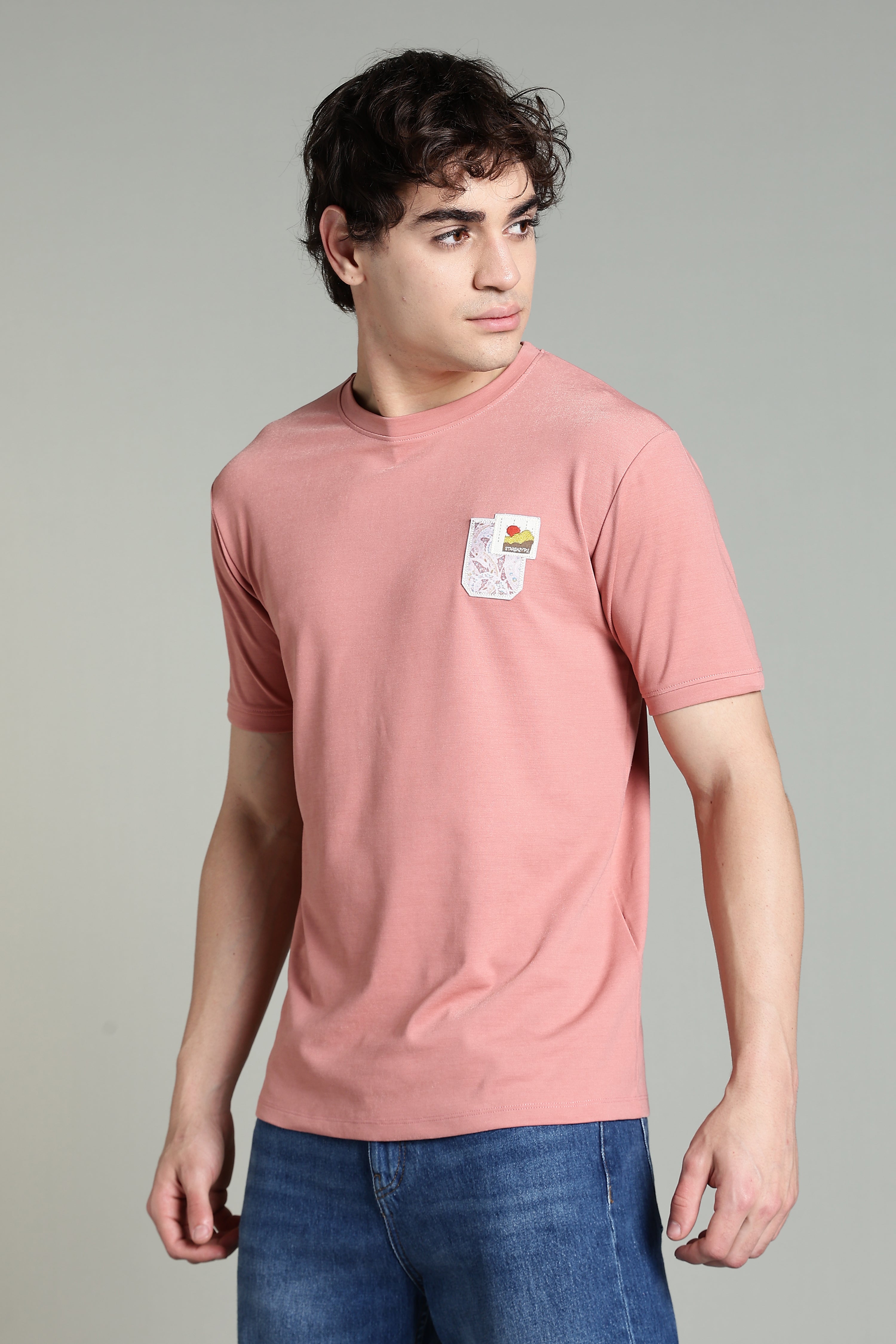 Crew-Neck T-Shirt with Printed Pocket – Dusty Pink