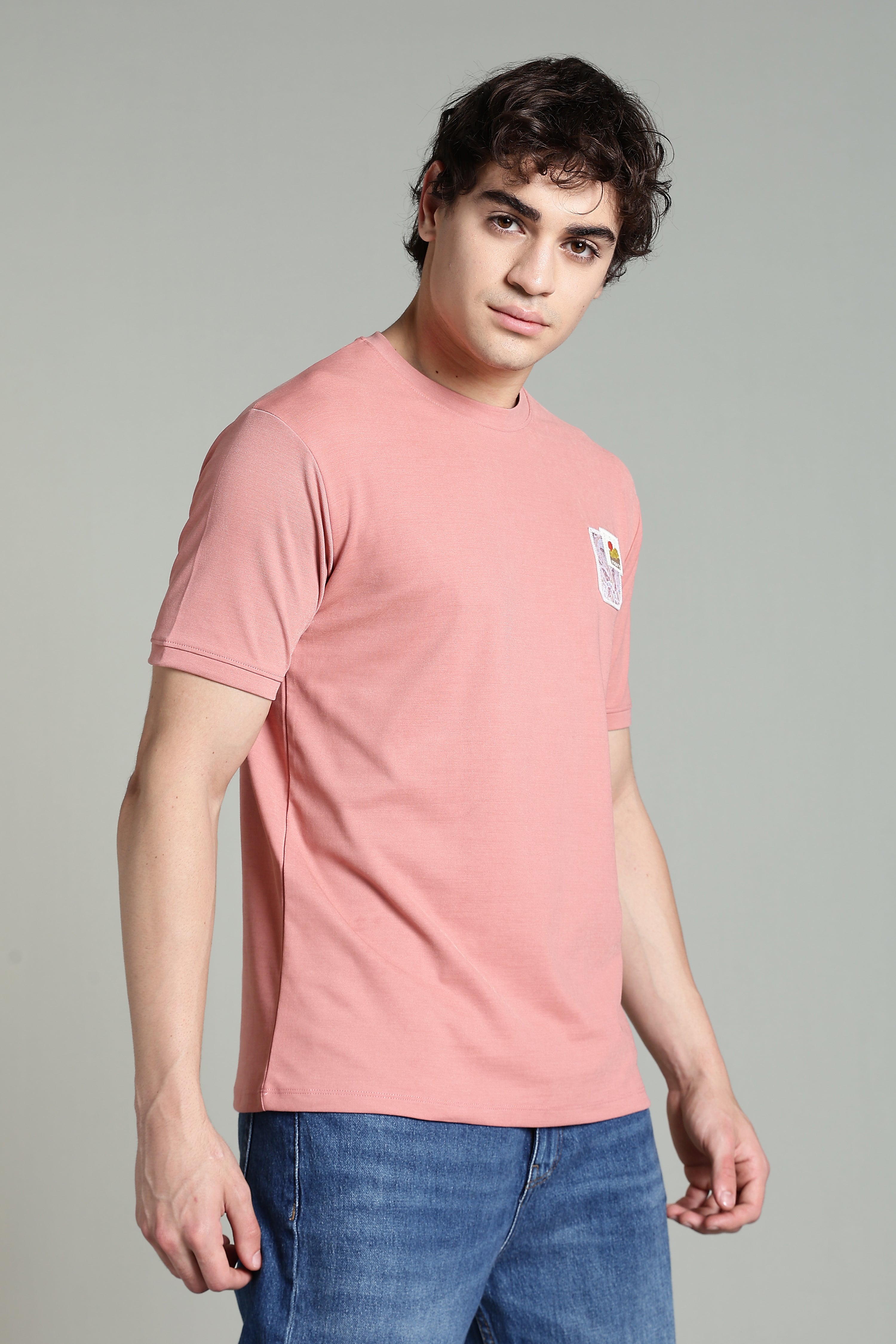 Crew-Neck T-Shirt with Printed Pocket – Dusty Pink
