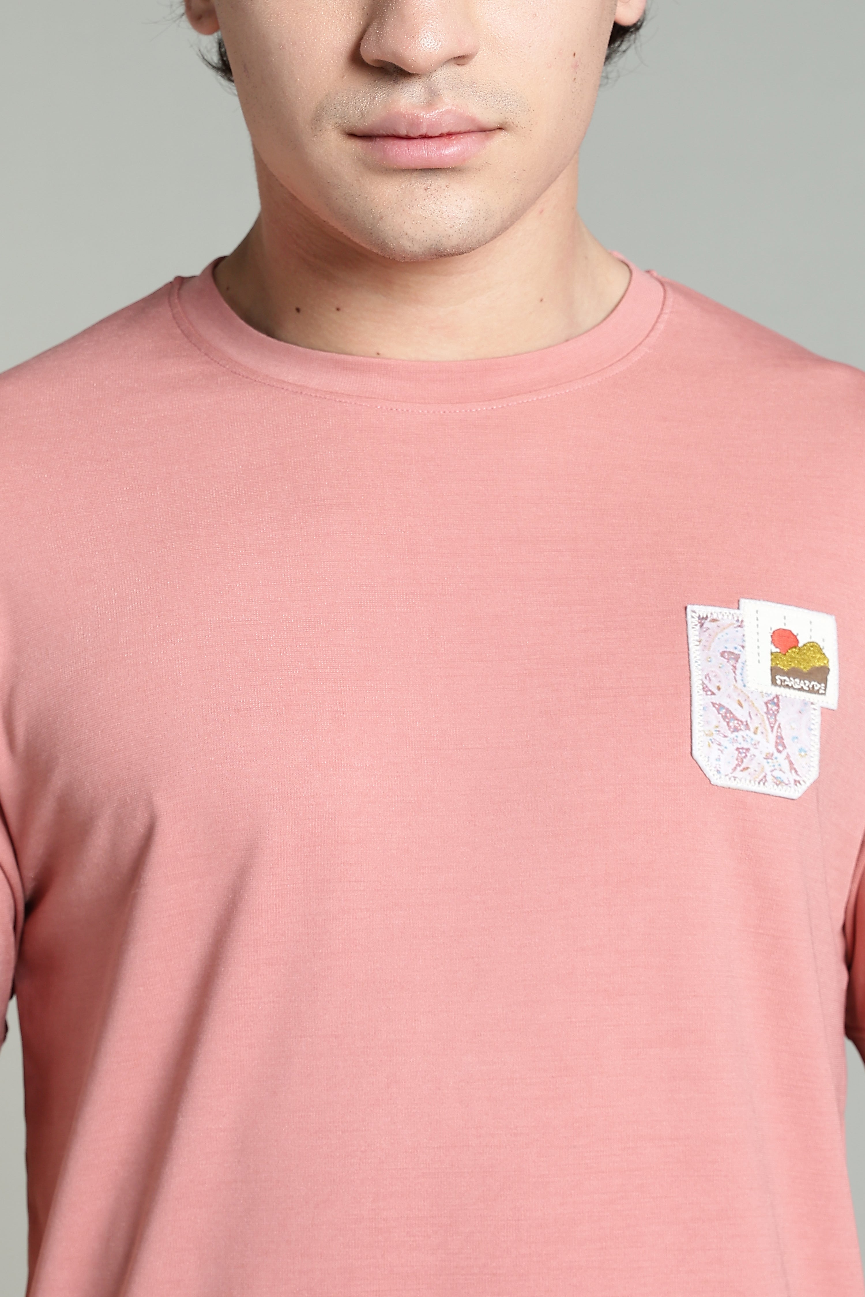 Crew-Neck T-Shirt with Printed Pocket – Dusty Pink