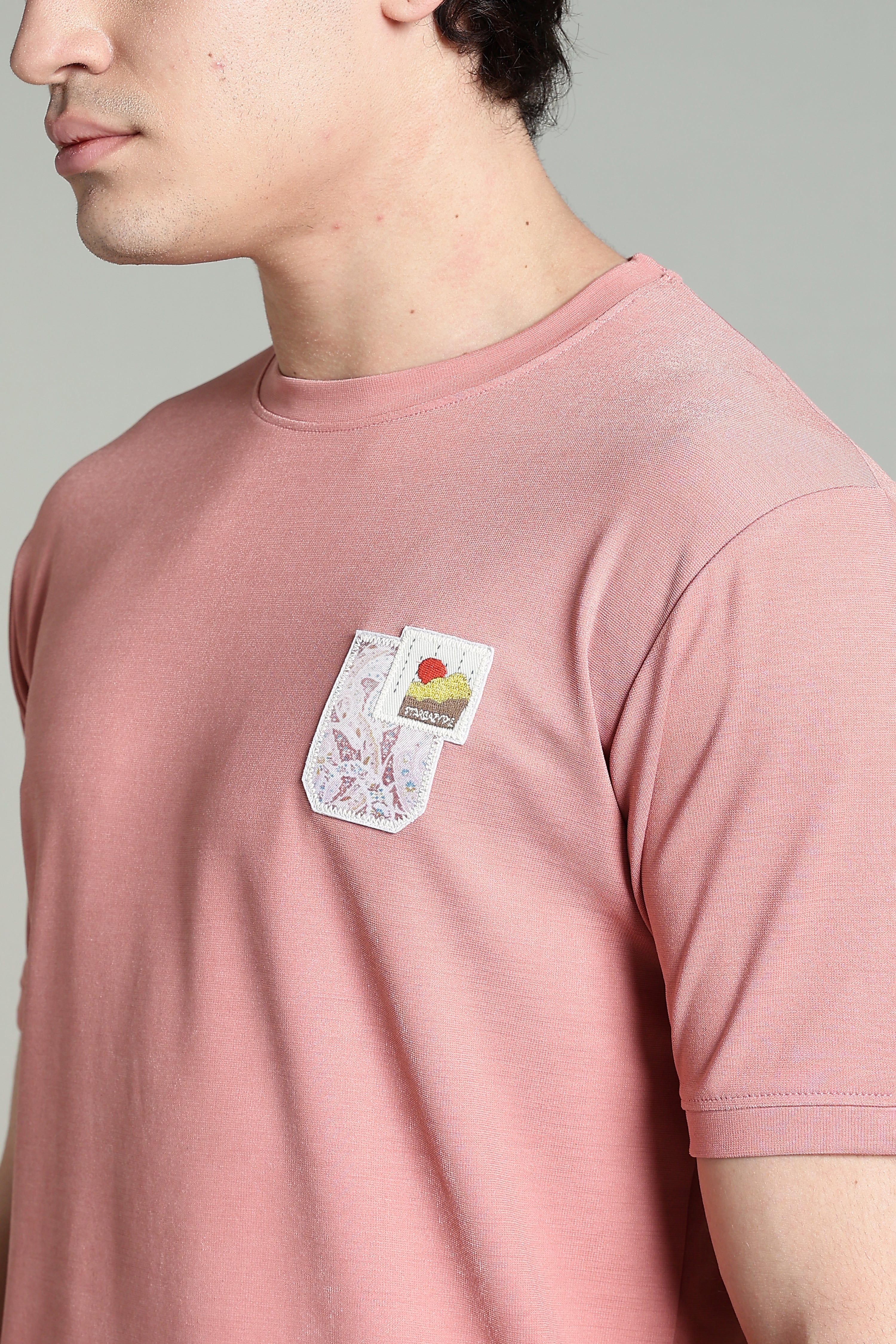 Crew-Neck T-Shirt with Printed Pocket – Dusty Pink