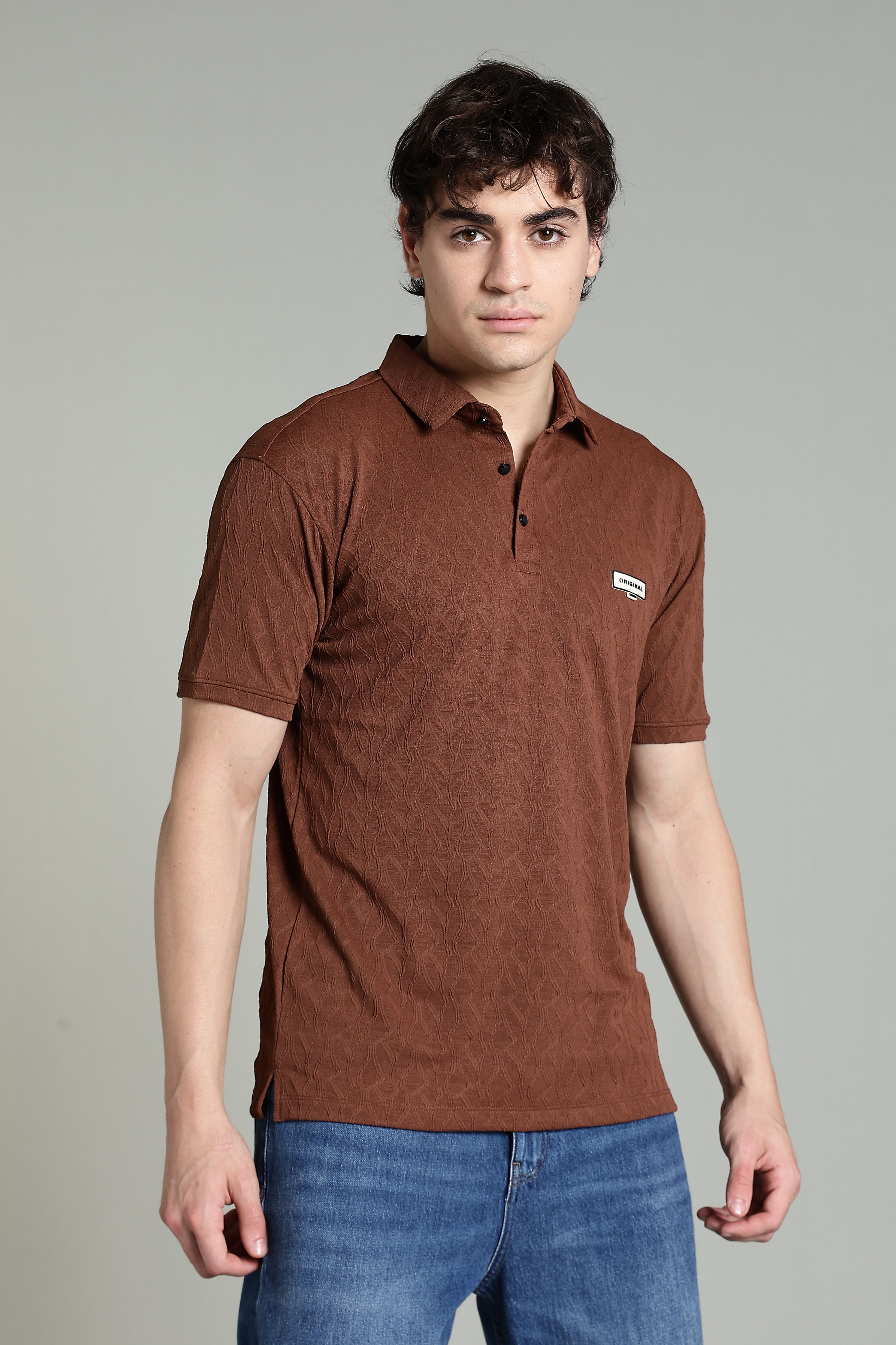 Textured Polo T-Shirt – Rust Brown