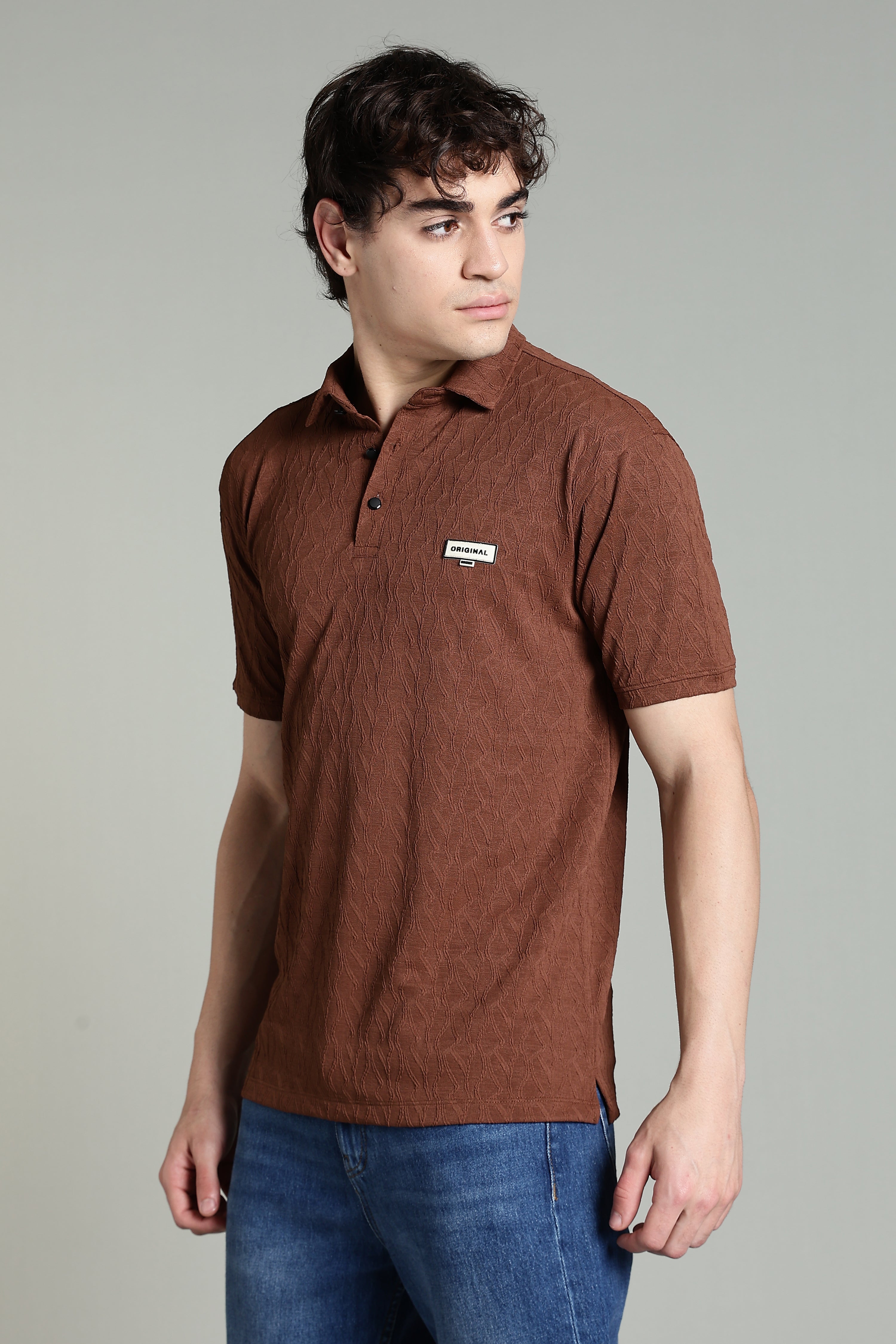 Textured Polo T-Shirt – Rust Brown