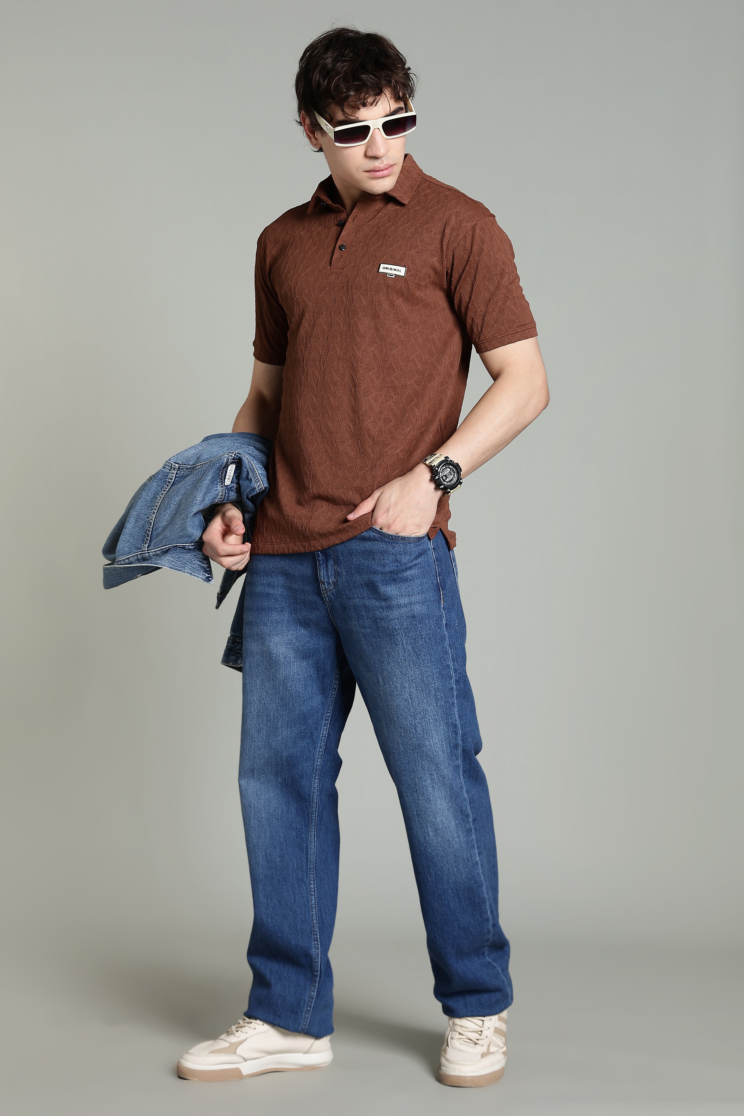 Textured Polo T-Shirt – Rust Brown