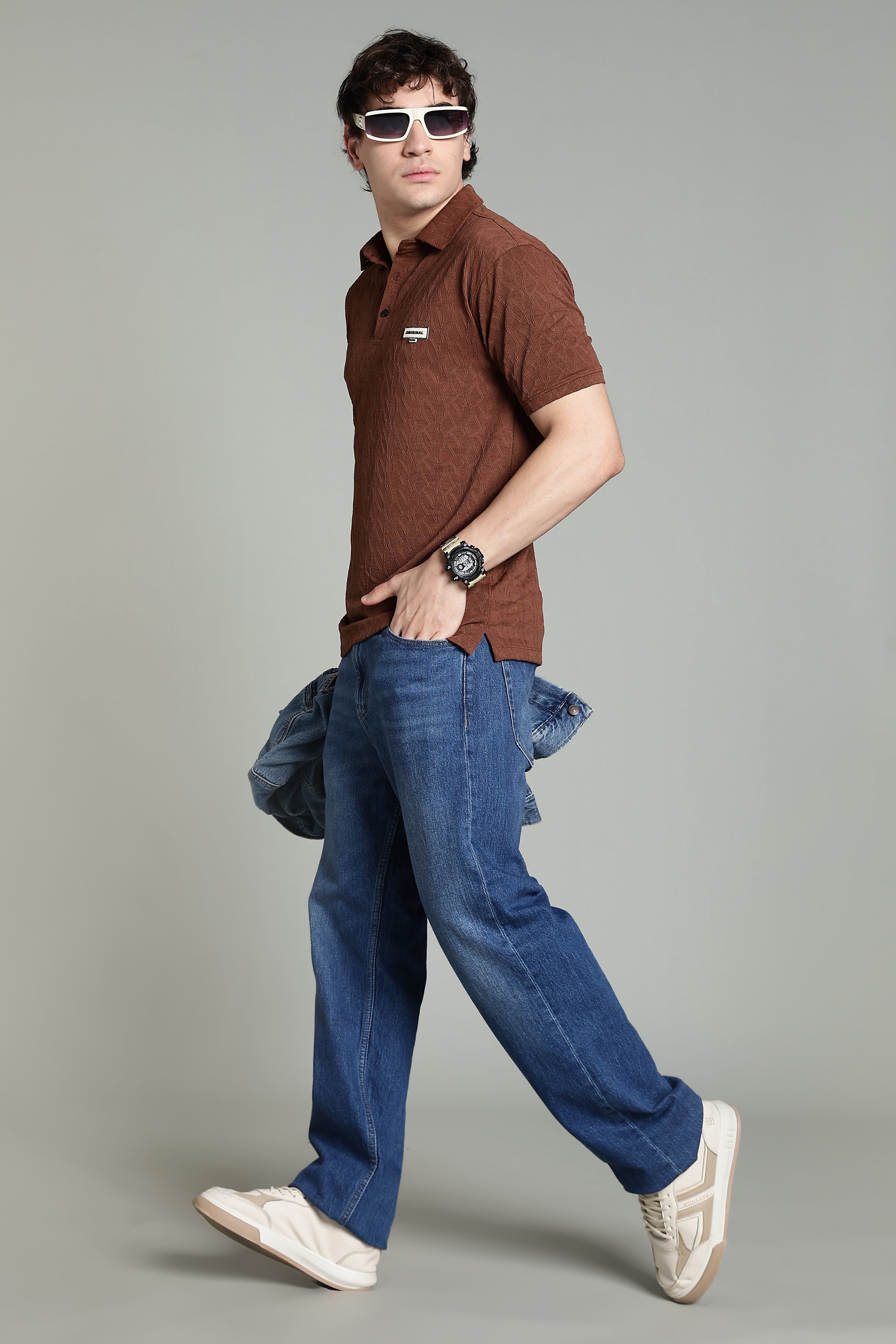 Textured Polo T-Shirt – Rust Brown