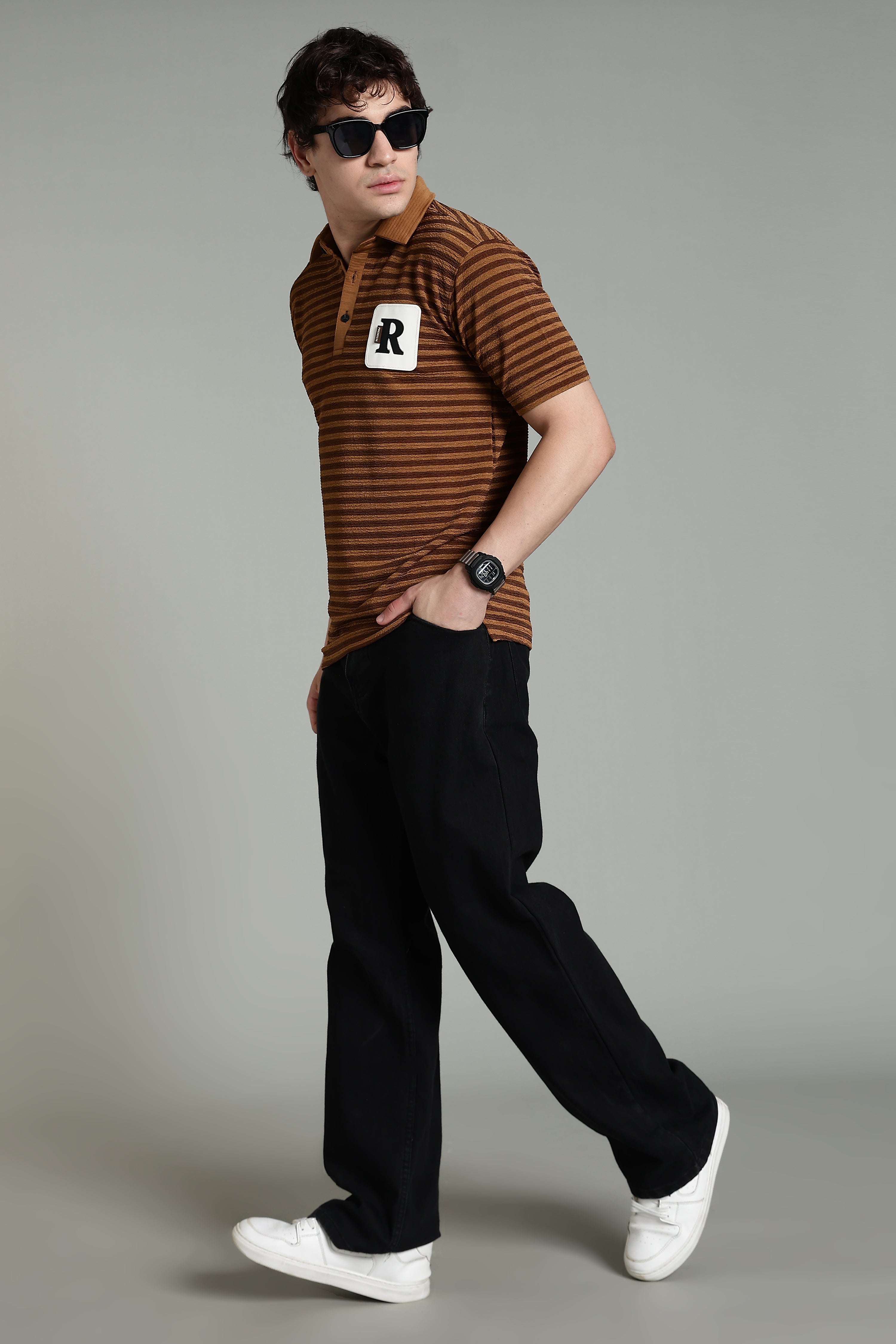 Striped Polo T-Shirt - Brown