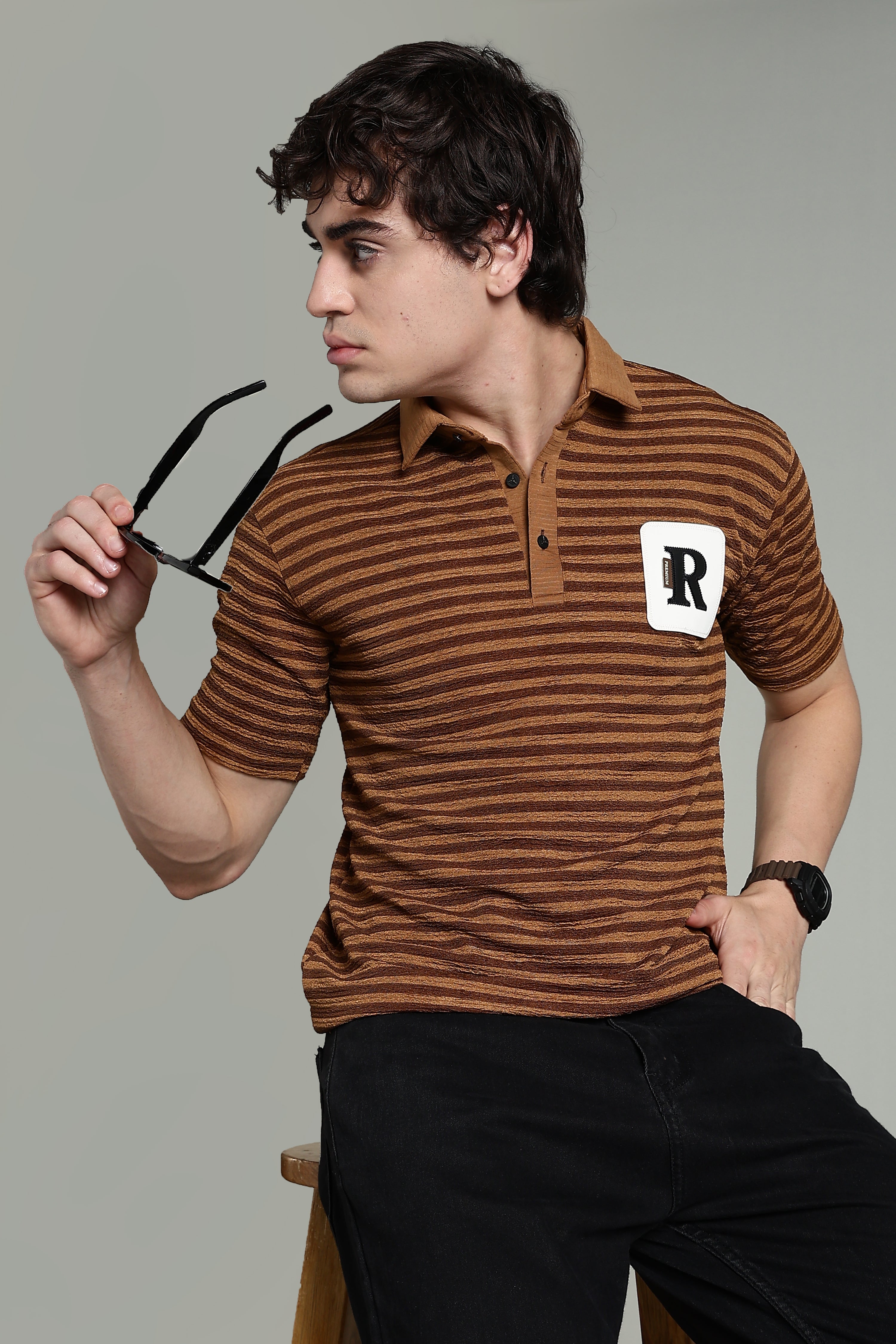 Striped Polo T-Shirt - Brown