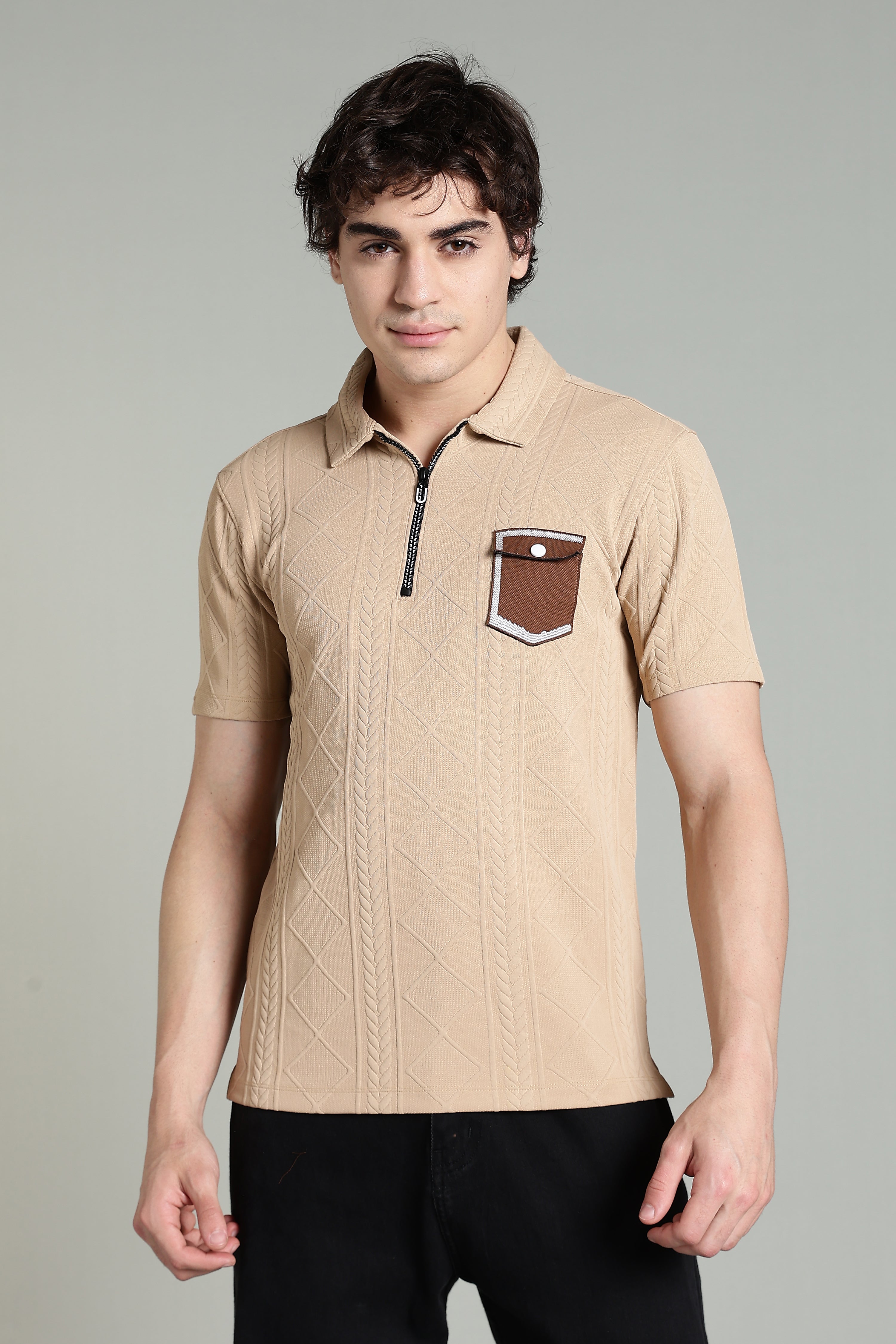 Textured Knit Polo T-Shirt with Contrast Pocket