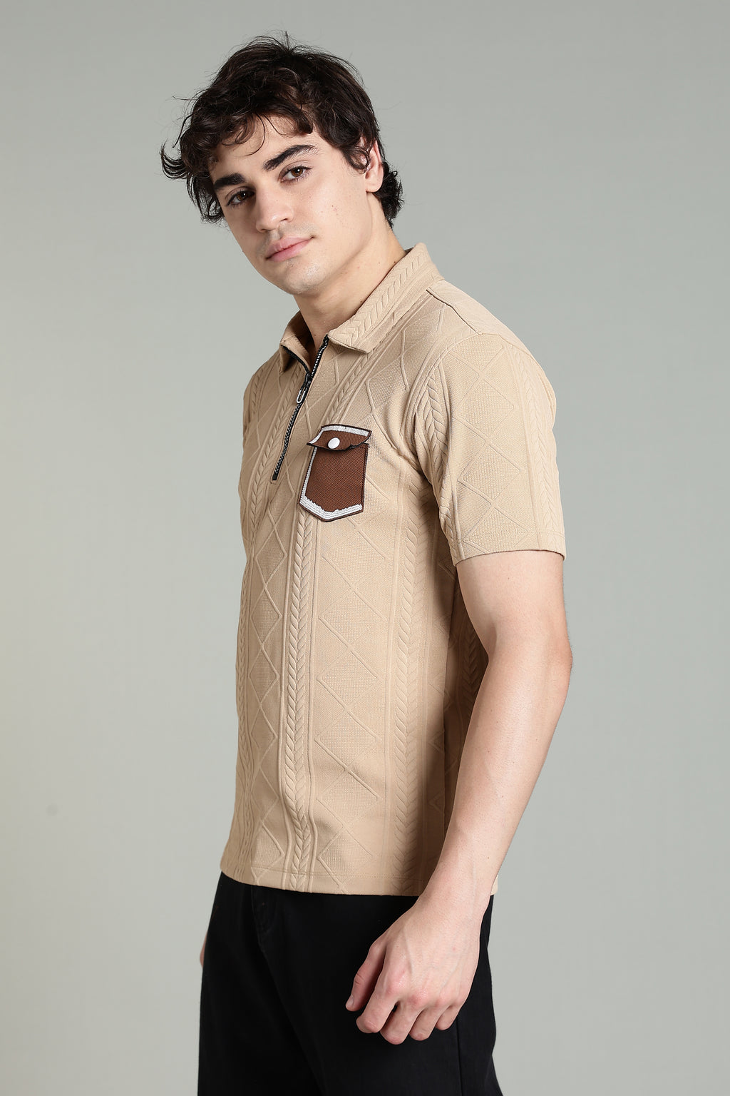 Textured Knit Polo T-Shirt with Contrast Pocket