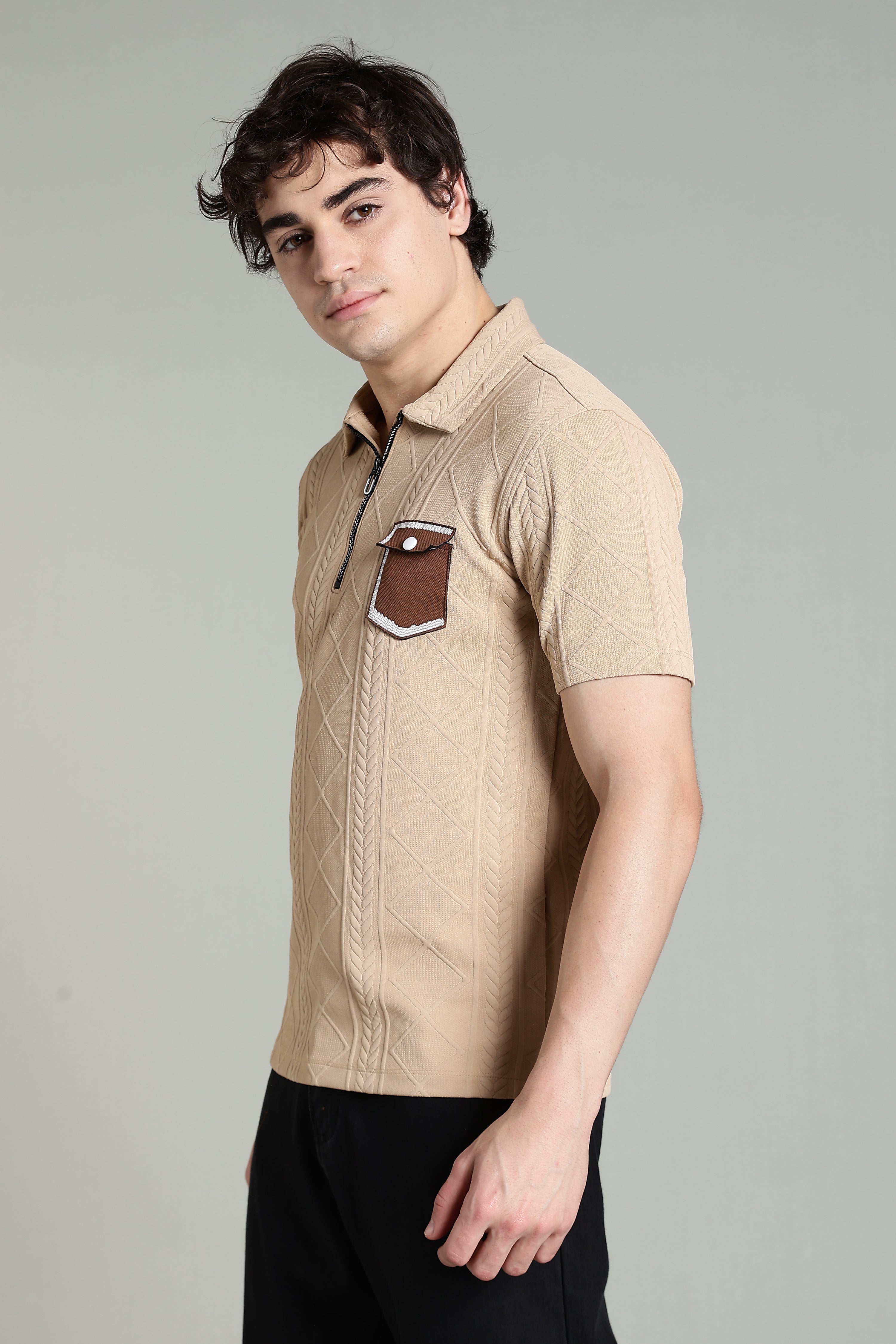 Textured Knit Polo T-Shirt with Contrast Pocket