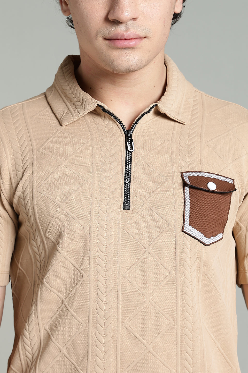 Textured Knit Polo T-Shirt with Contrast Pocket