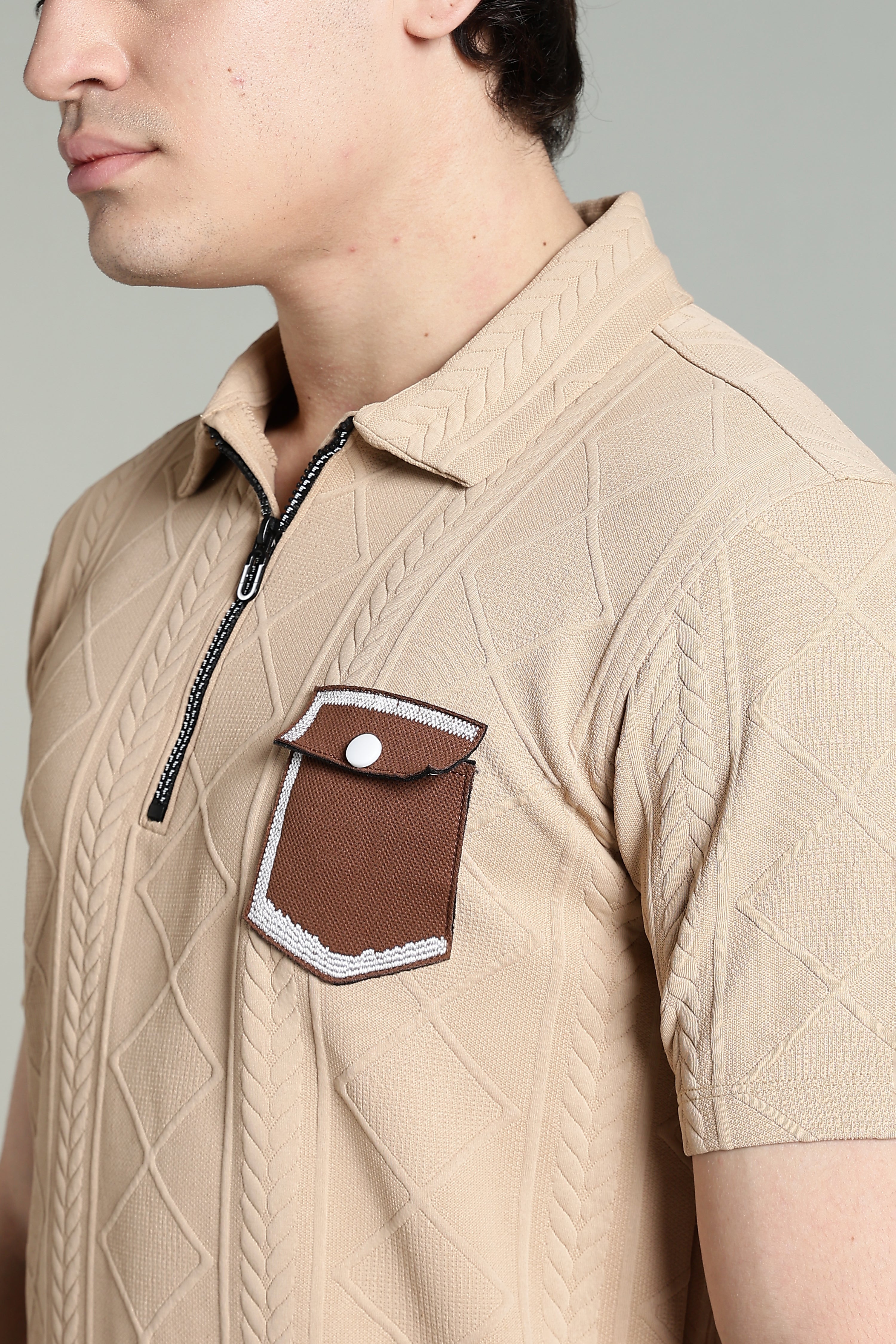 Textured Knit Polo T-Shirt with Contrast Pocket
