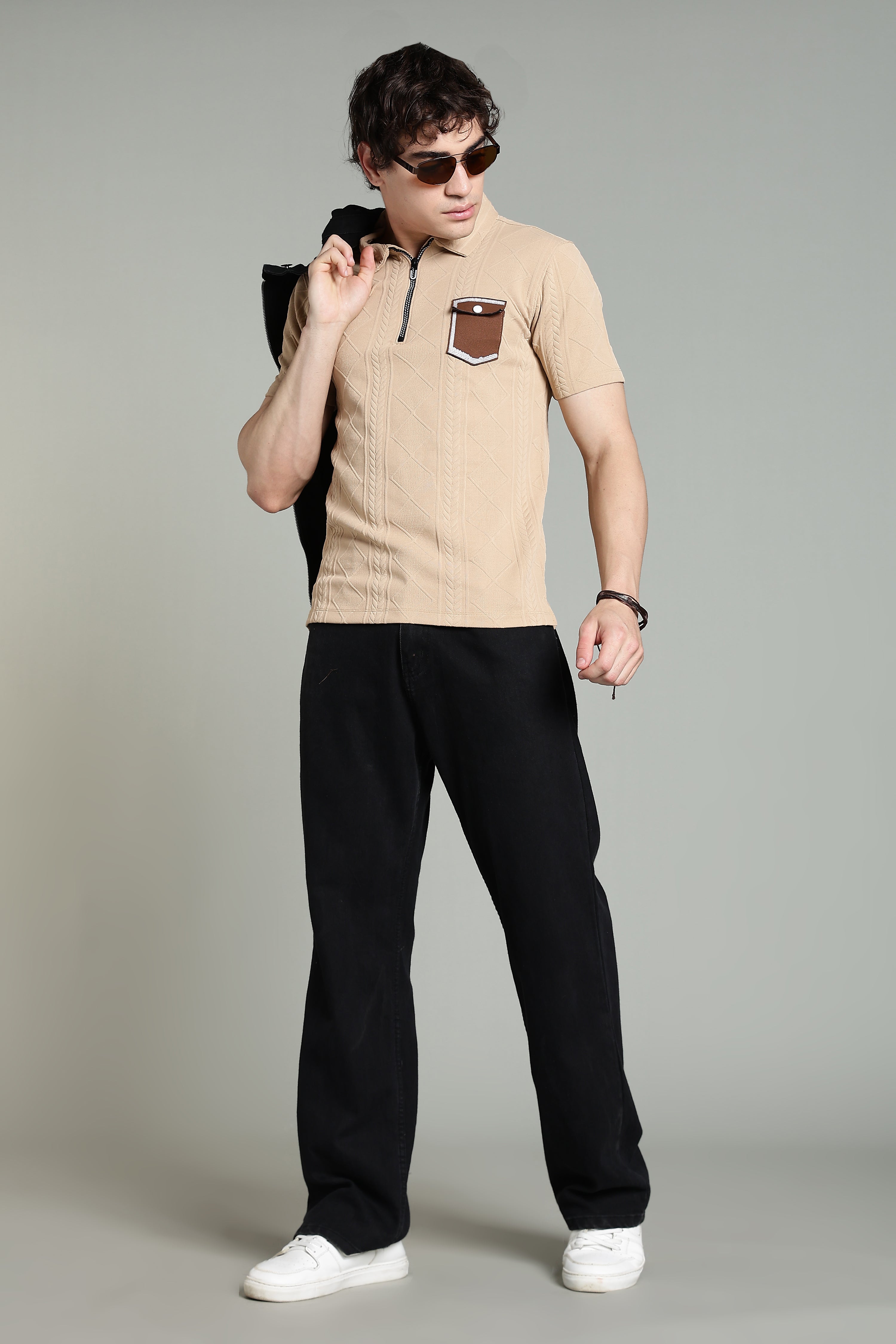 Textured Knit Polo T-Shirt with Contrast Pocket