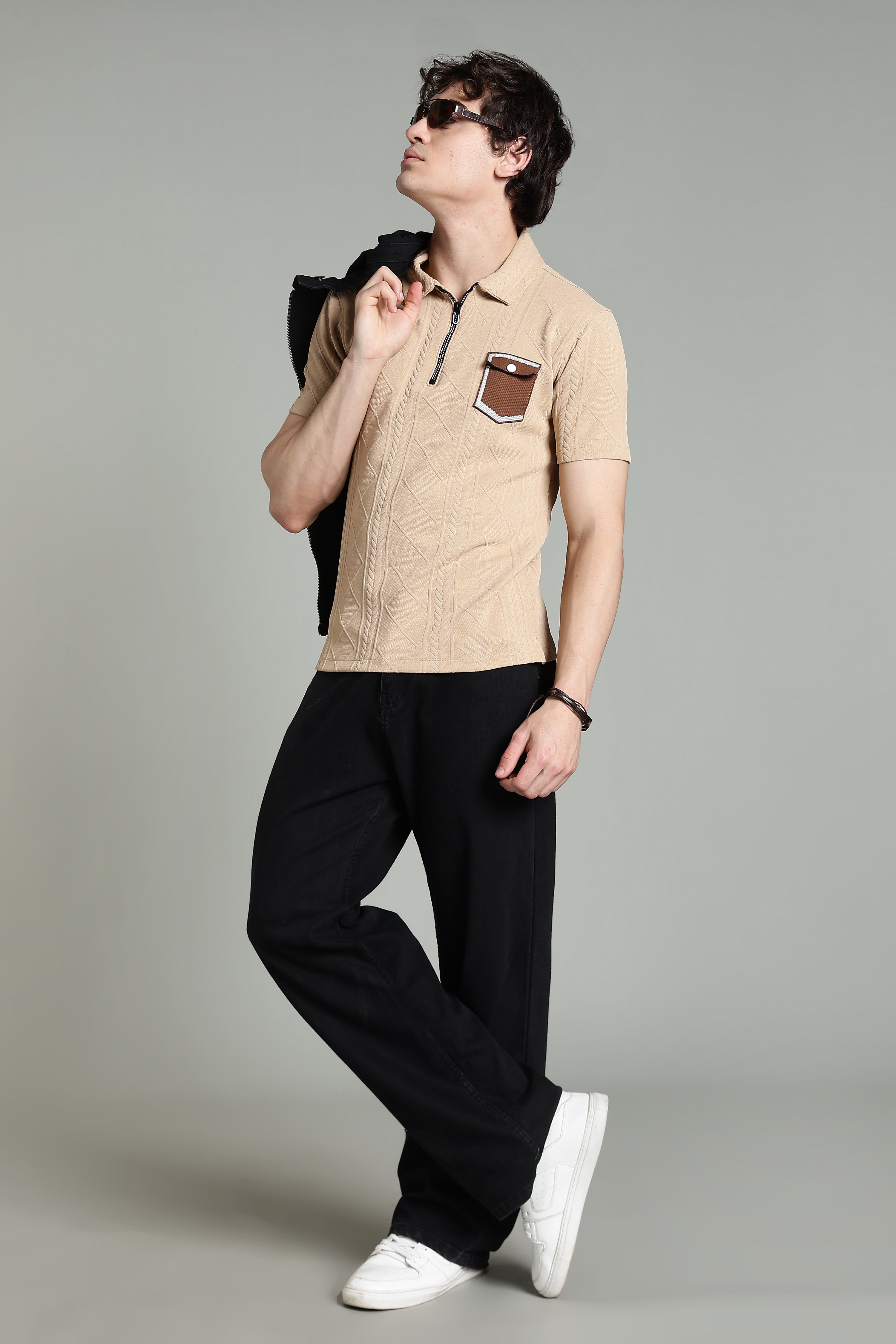 Textured Knit Polo T-Shirt with Contrast Pocket