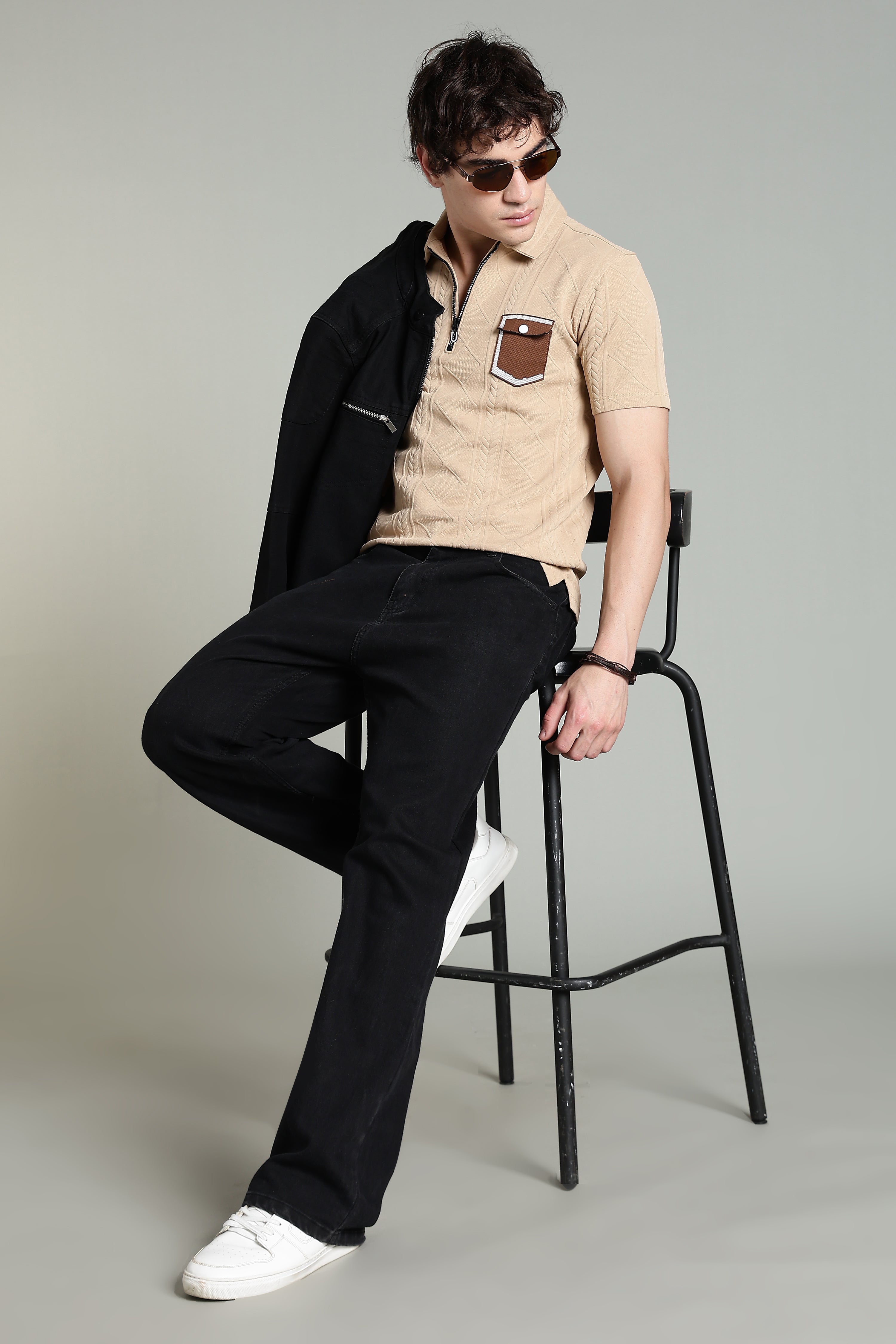 Textured Knit Polo T-Shirt with Contrast Pocket