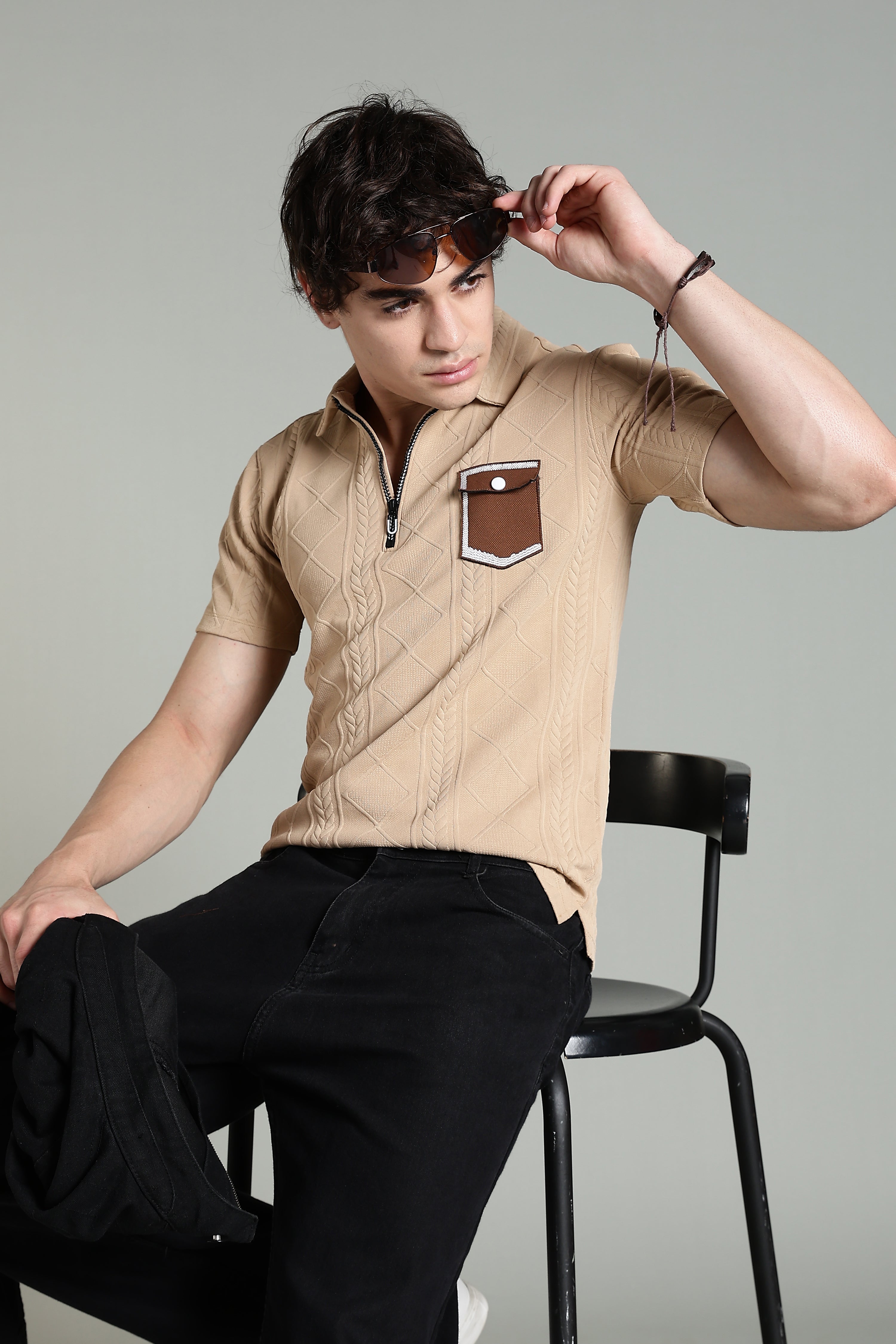 Textured Knit Polo T-Shirt with Contrast Pocket