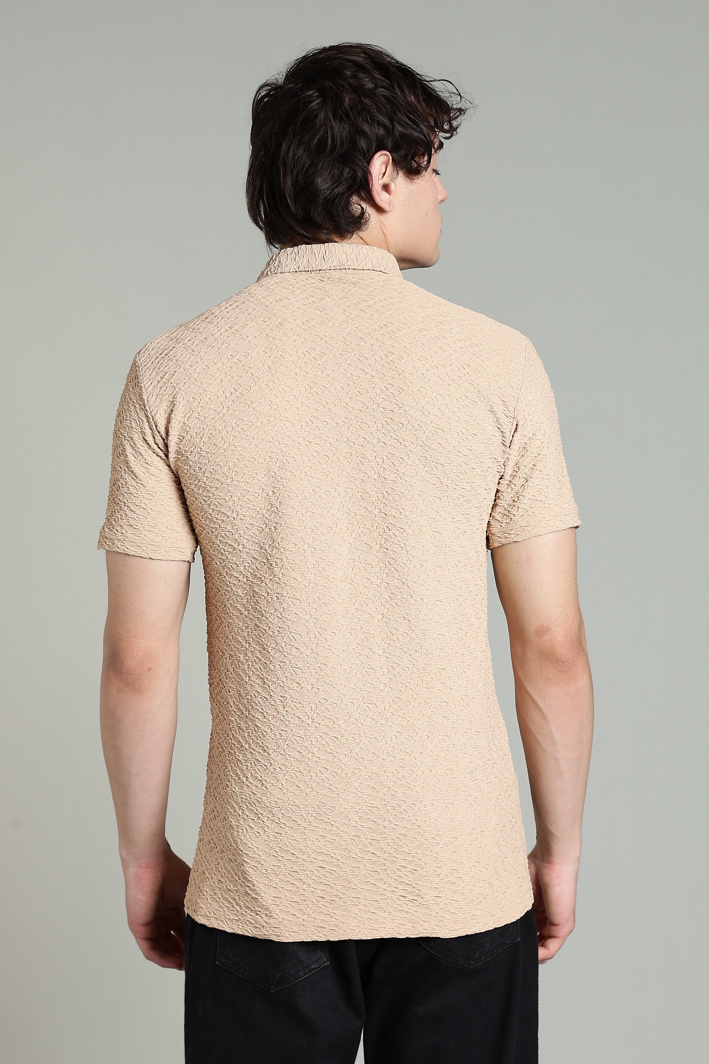 Textured Beige Polo Shirt with Graphic Panel