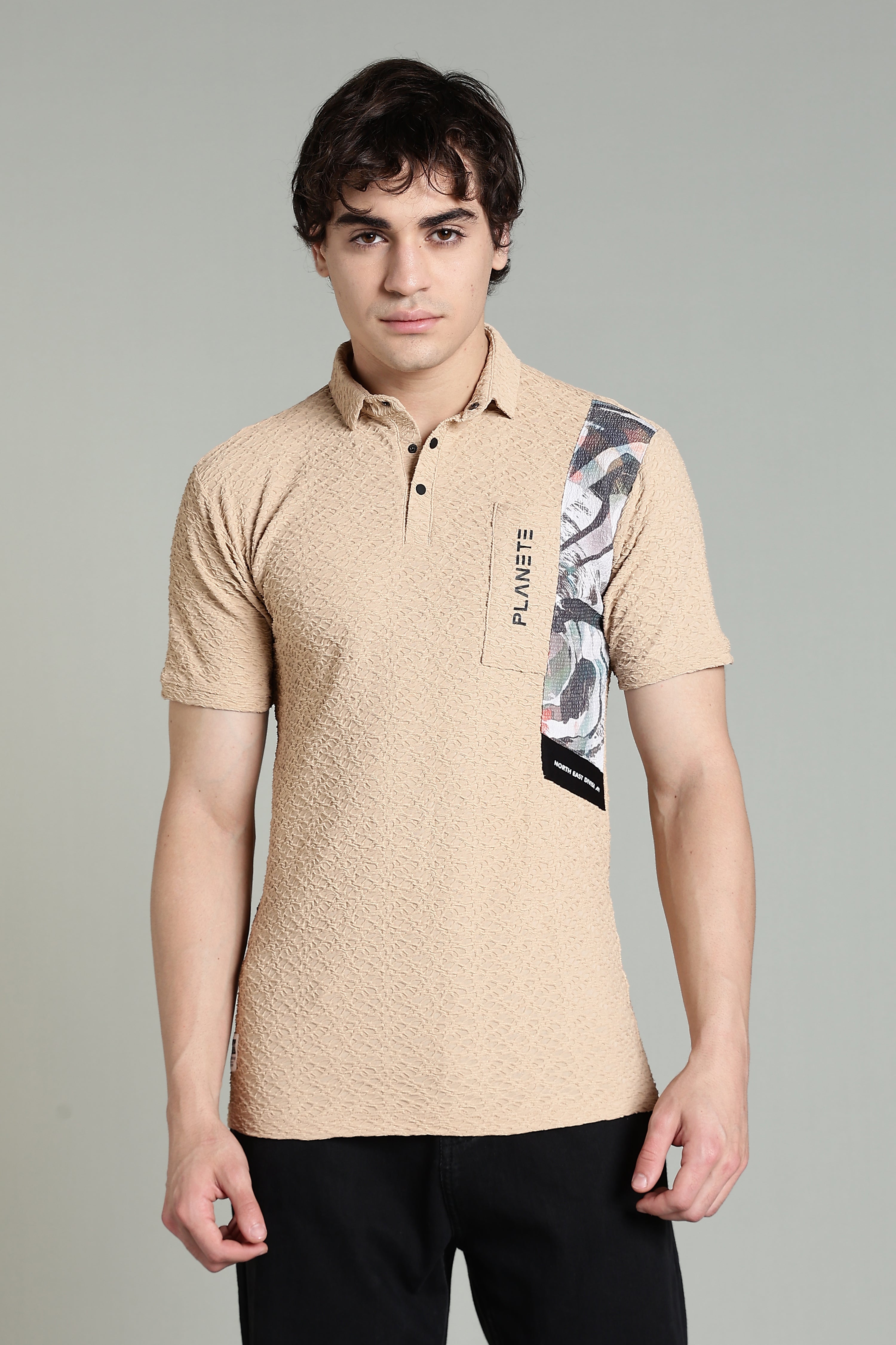 Textured Beige Polo Shirt with Graphic Panel