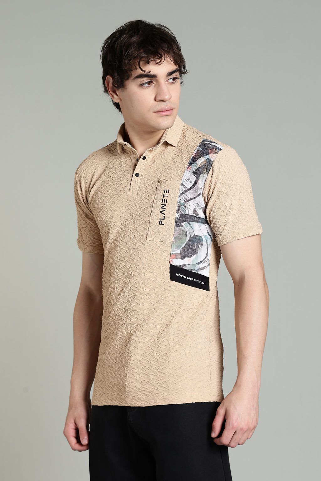 Textured Beige Polo Shirt with Graphic Panel