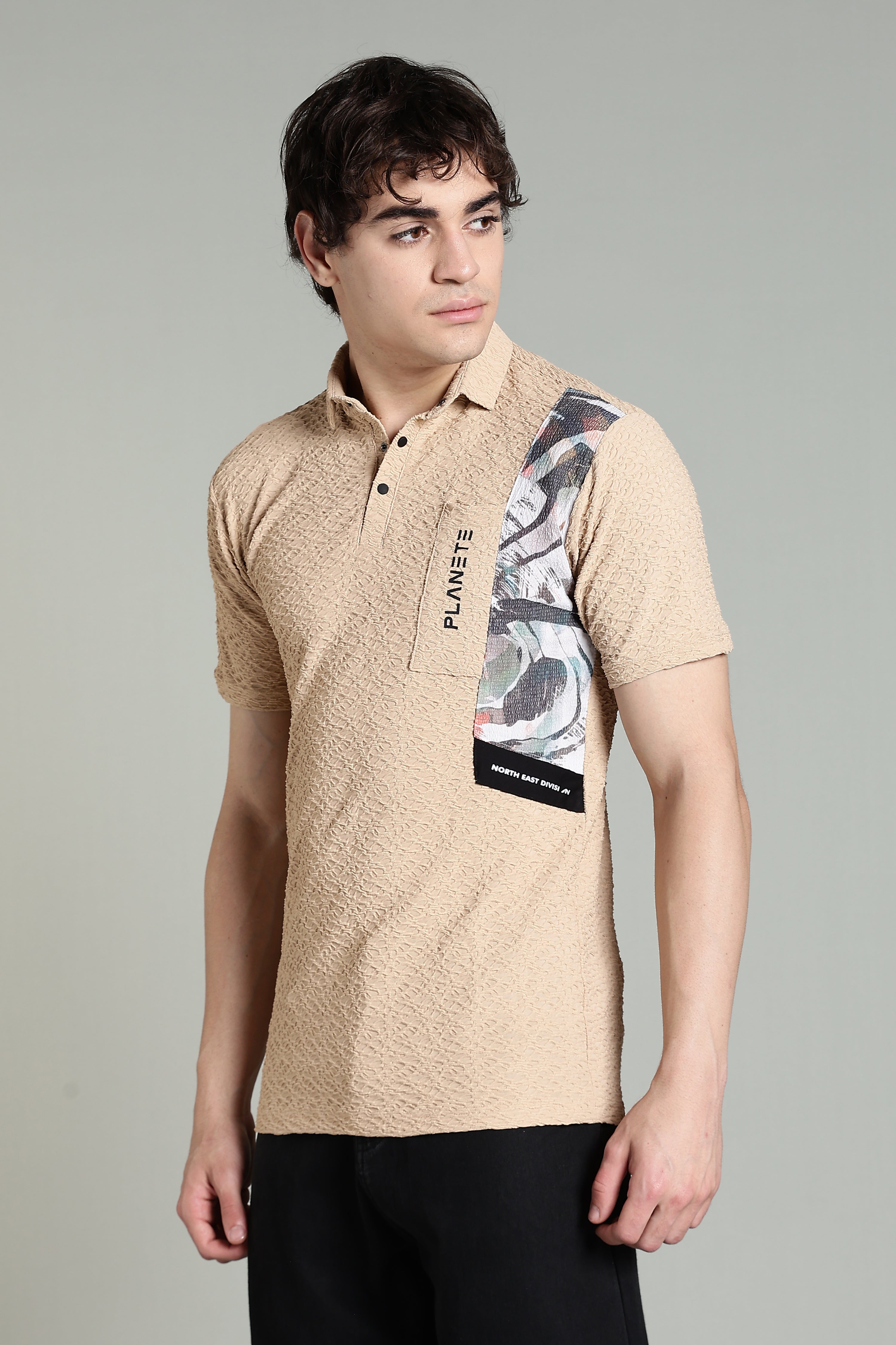 Textured Beige Polo Shirt with Graphic Panel