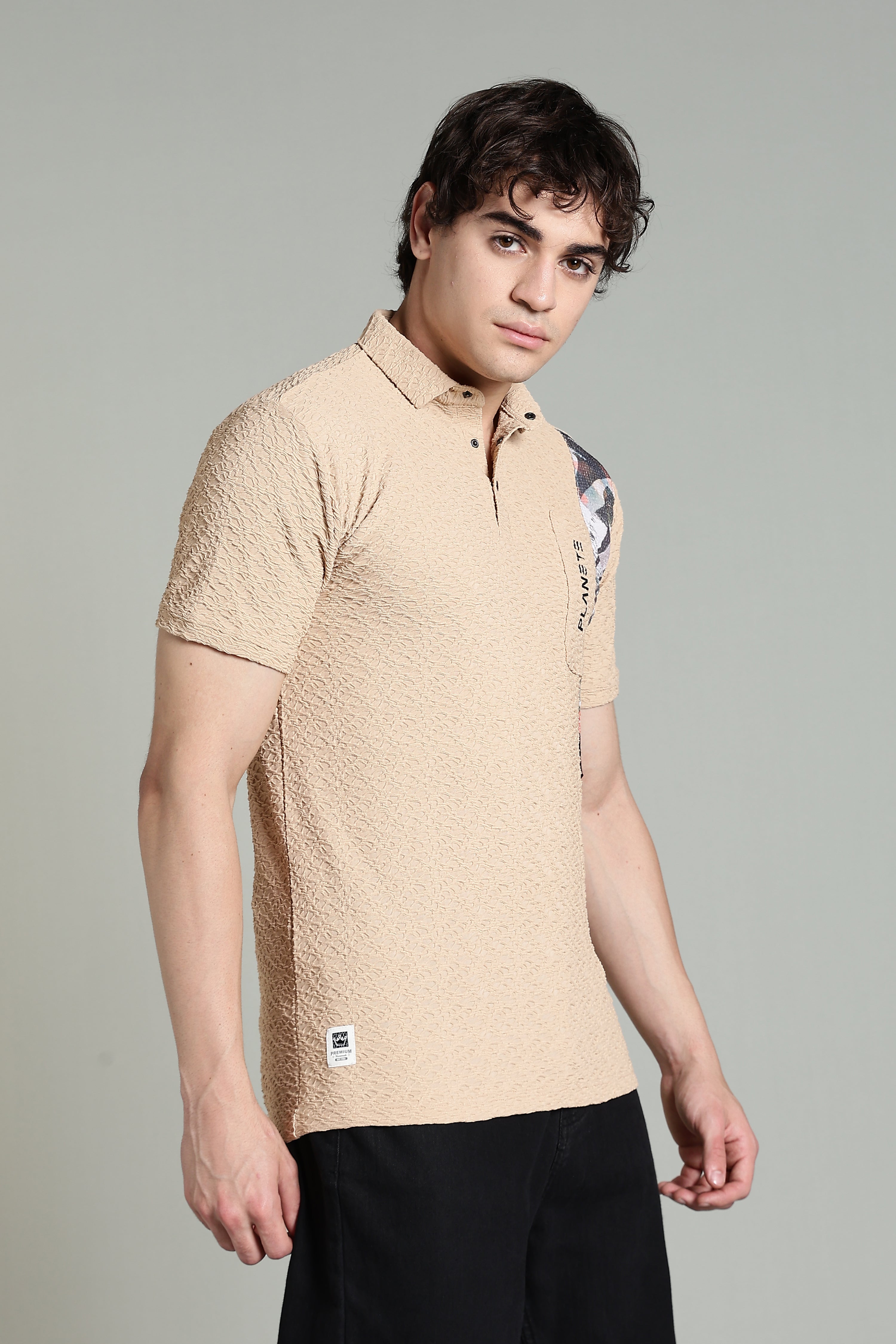 Textured Beige Polo Shirt with Graphic Panel