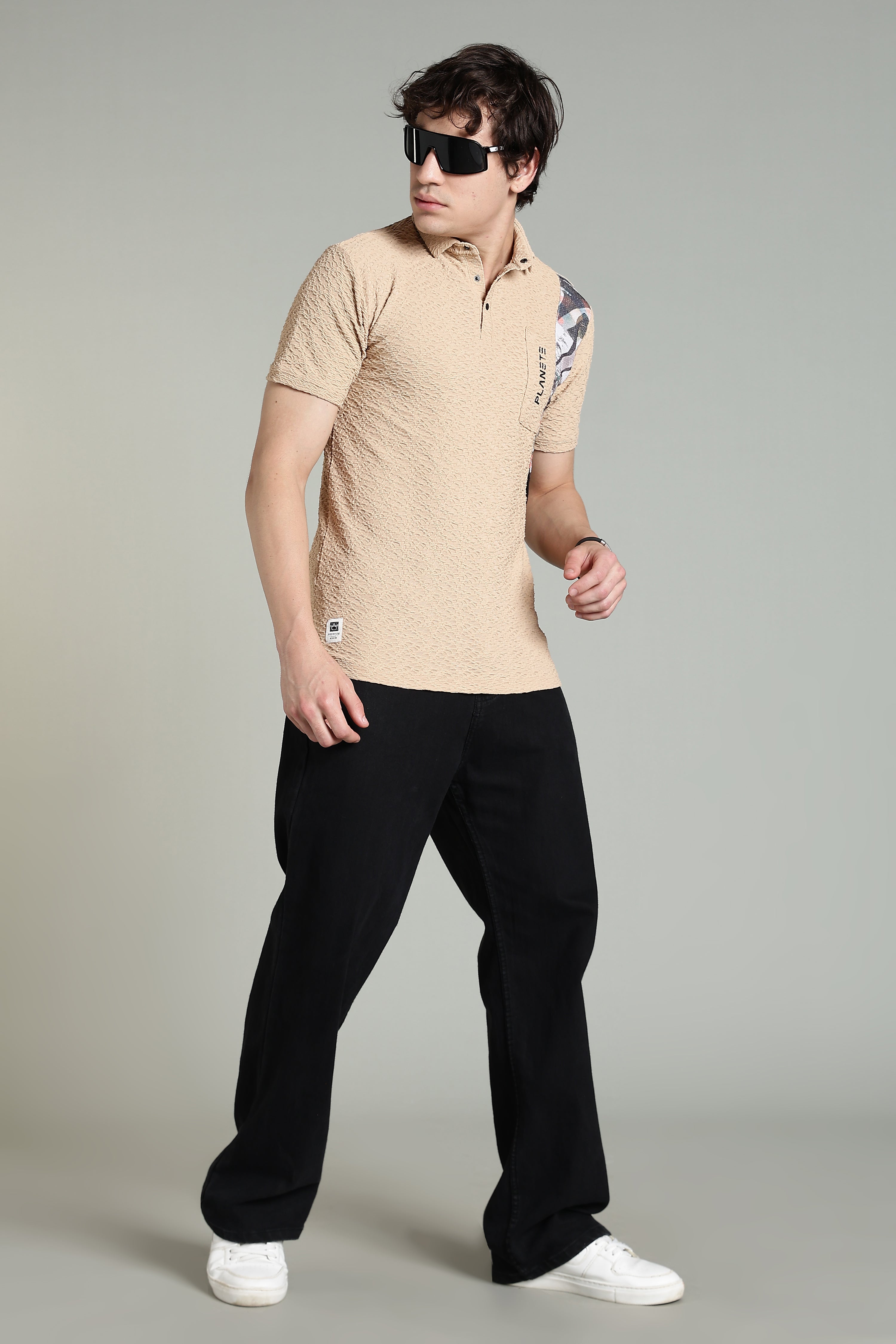 Textured Beige Polo Shirt with Graphic Panel