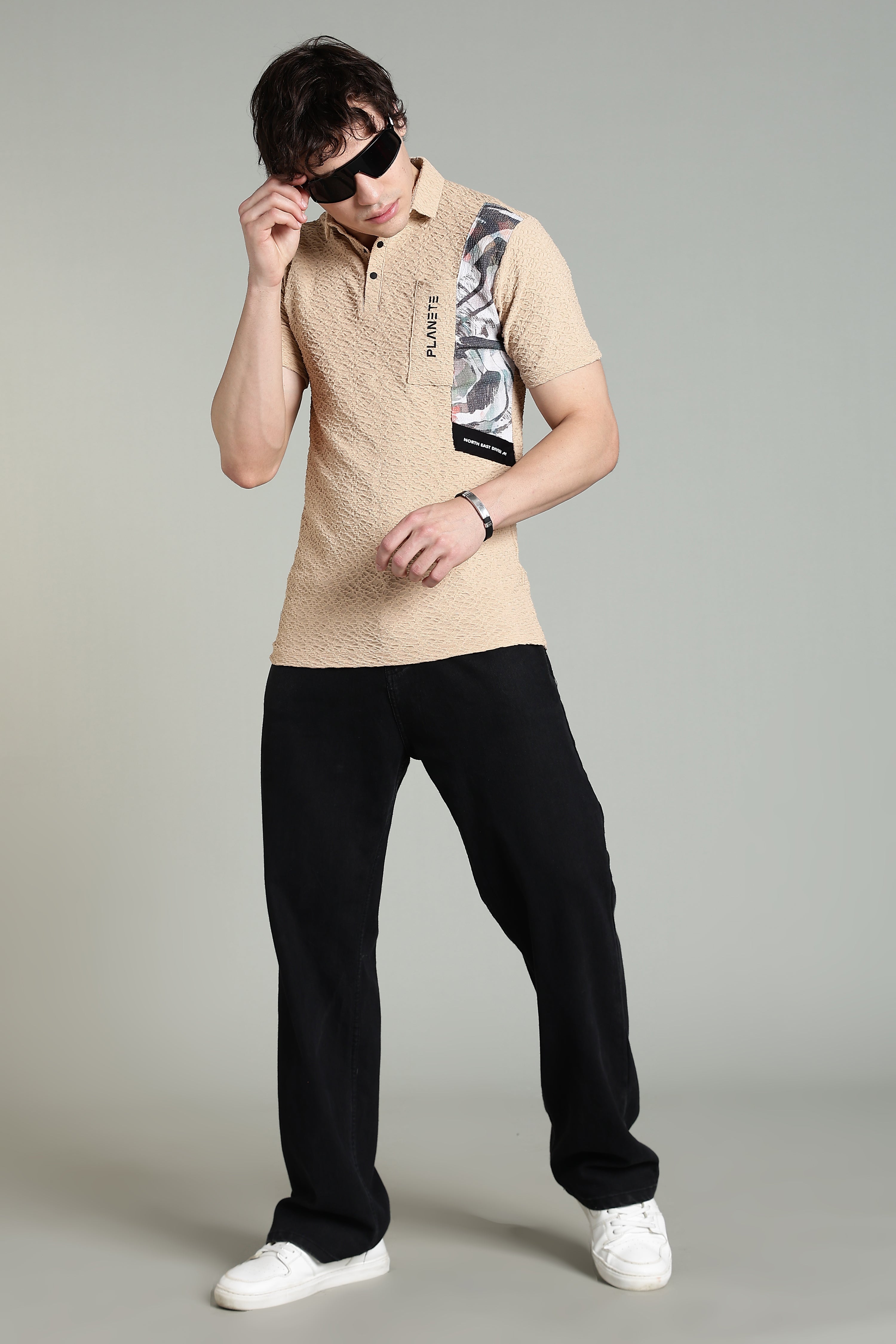Textured Beige Polo Shirt with Graphic Panel