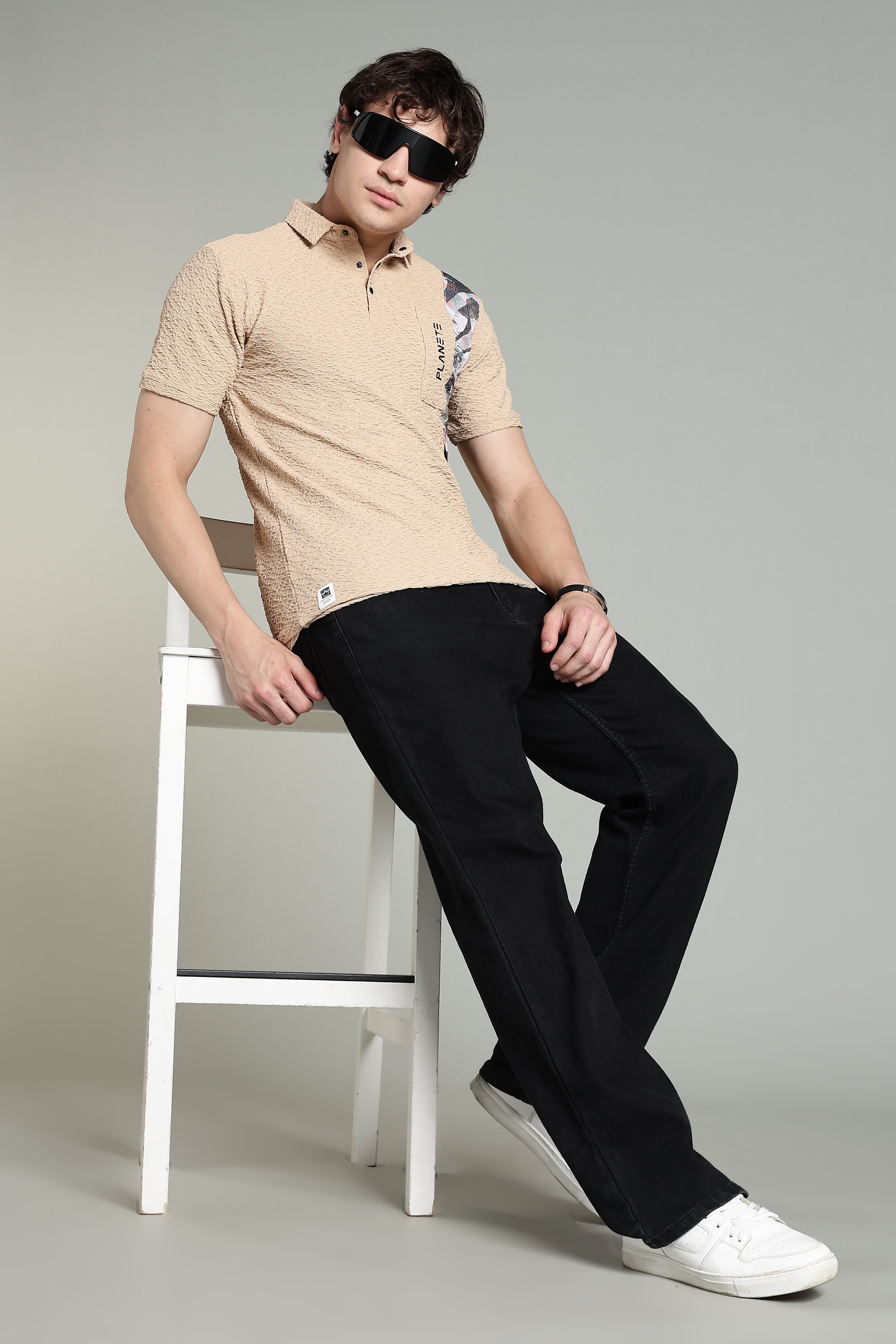 Textured Beige Polo Shirt with Graphic Panel