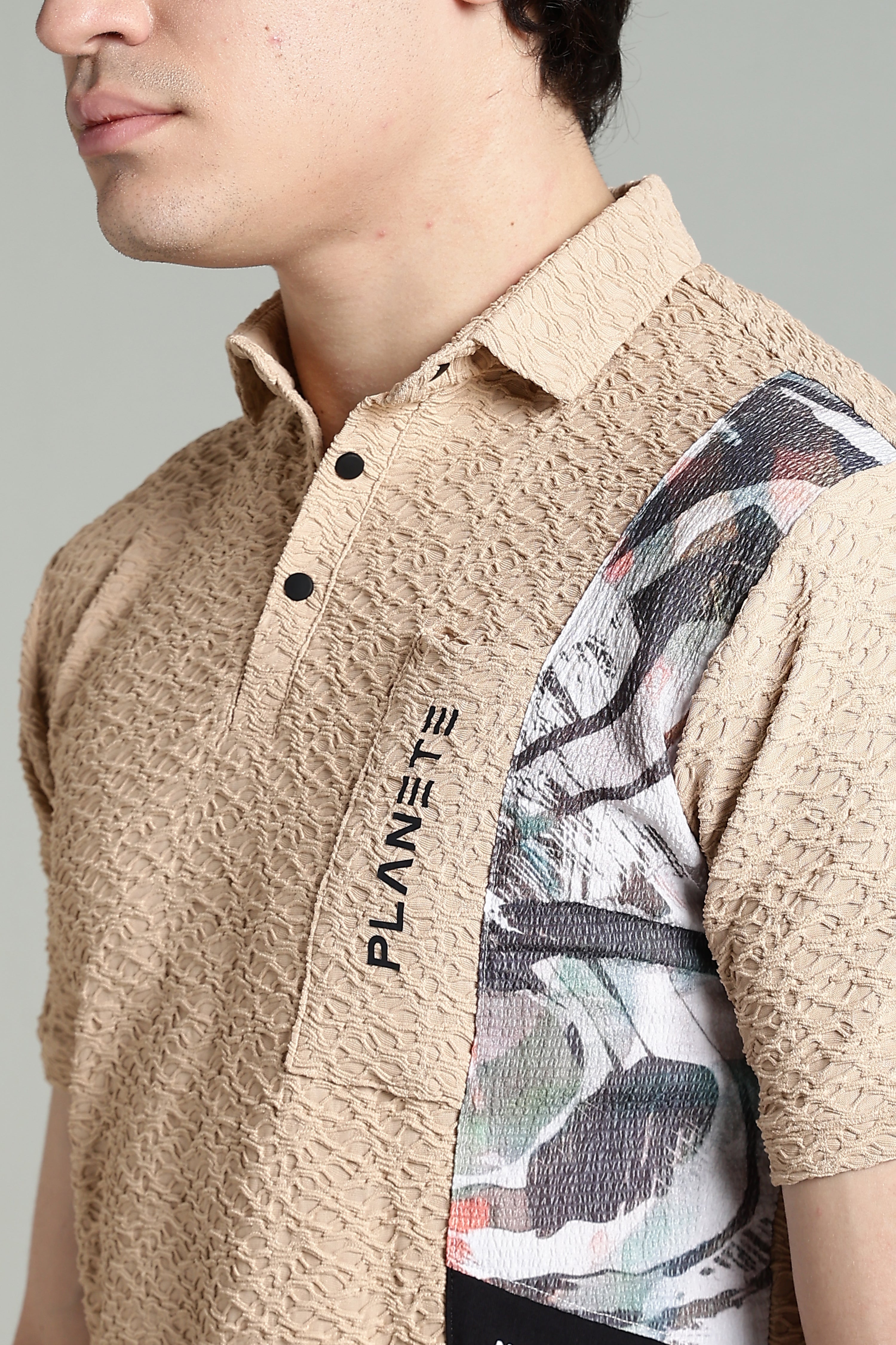 Textured Beige Polo Shirt with Graphic Panel