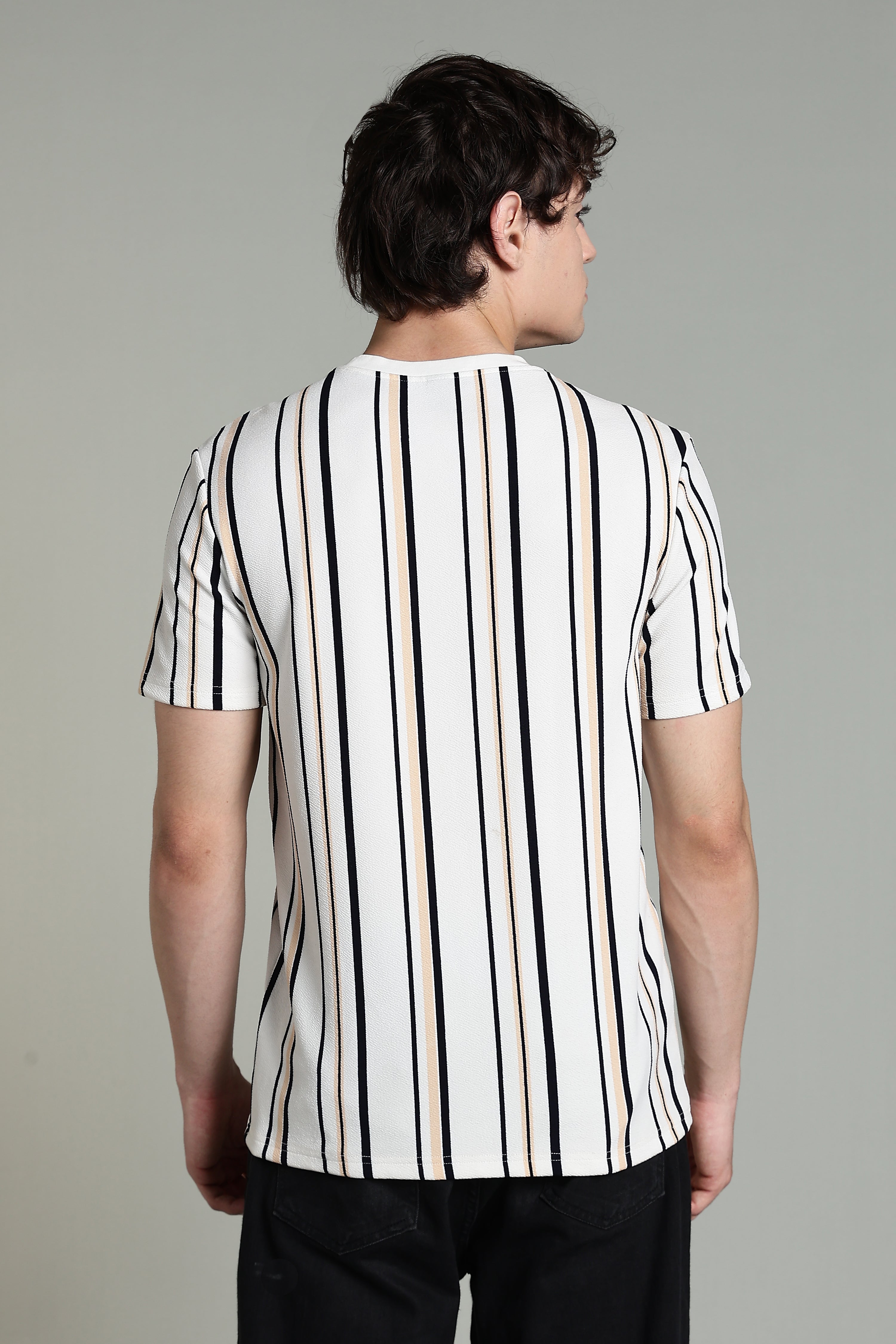 Striped Casual T-Shirt – White with Black & Beige Stripes