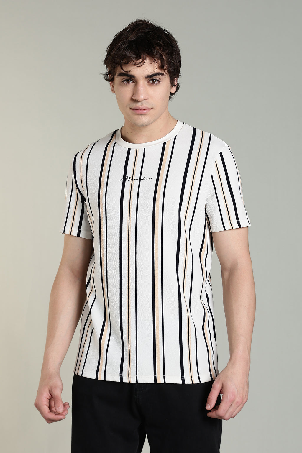 Striped Casual T-Shirt – White with Black & Beige Stripes