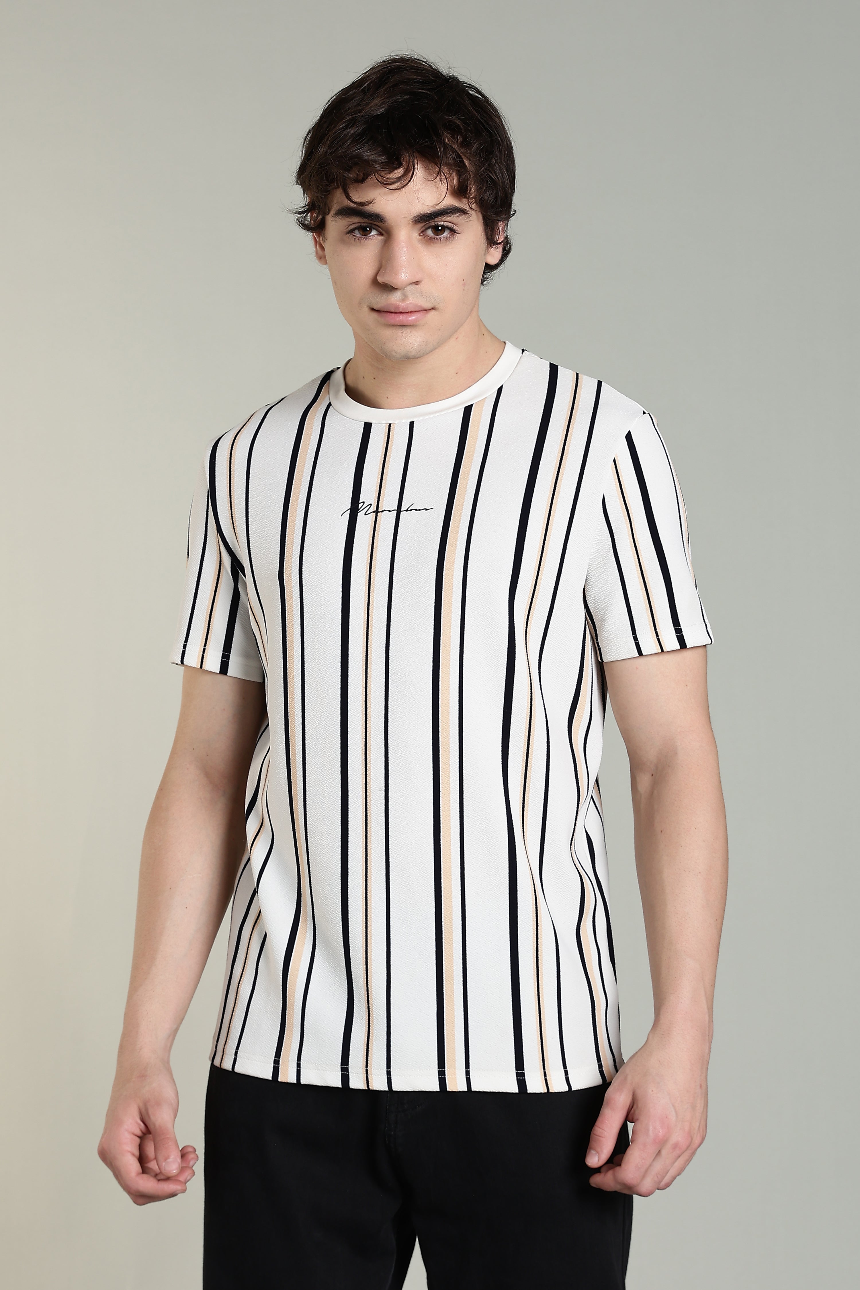 Striped Casual T-Shirt – White with Black & Beige Stripes