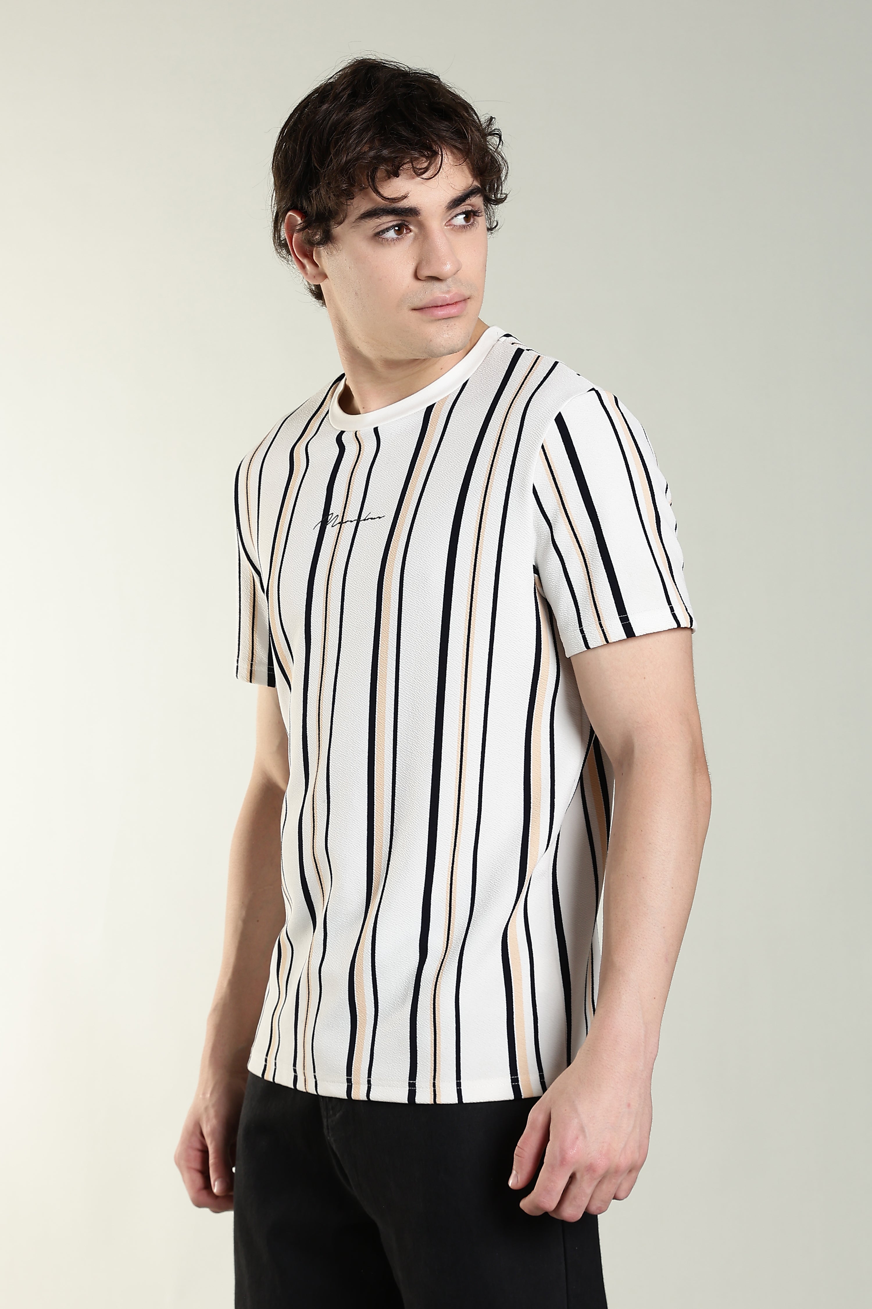 Striped Casual T-Shirt – White with Black & Beige Stripes