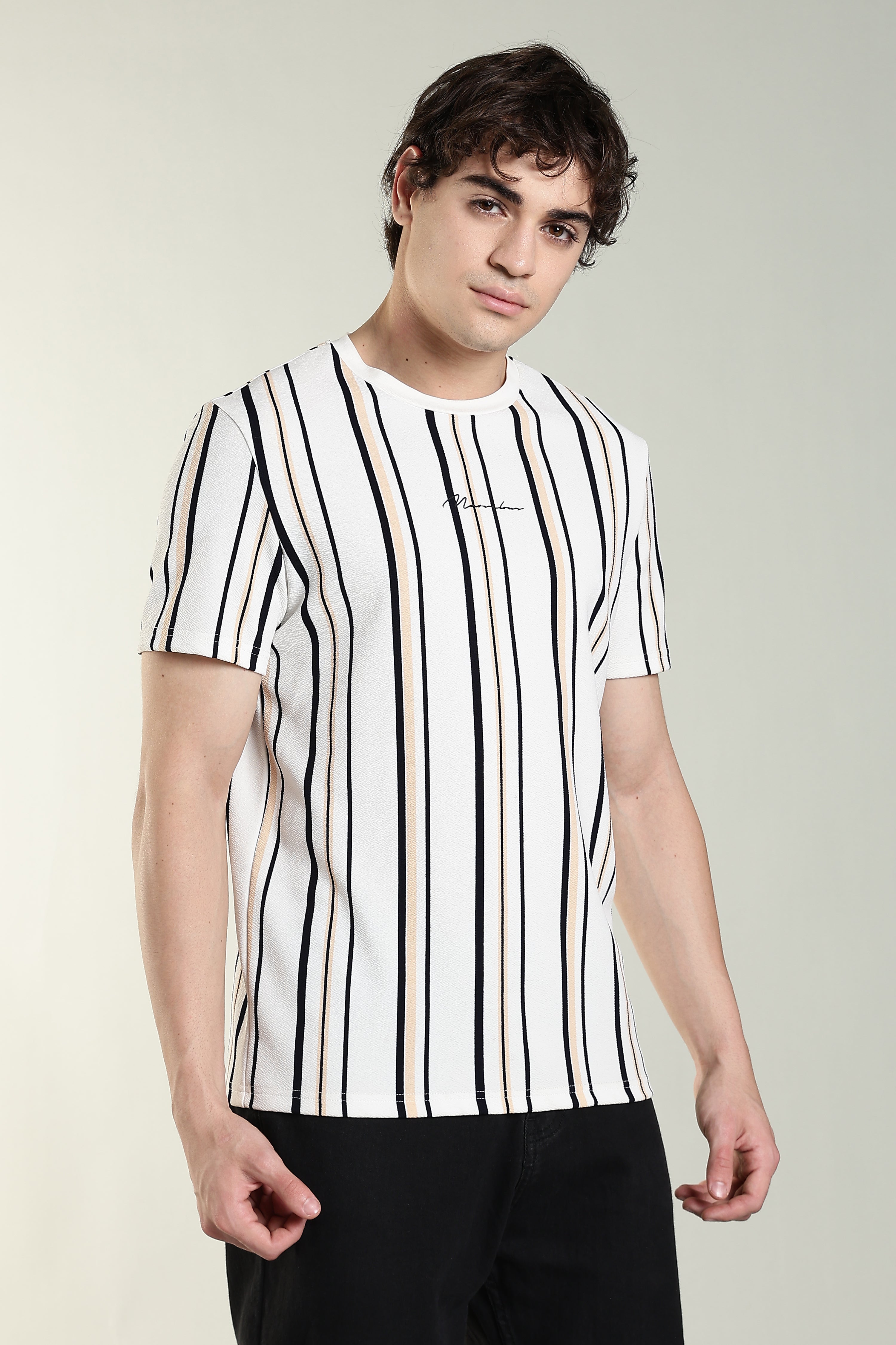 Striped Casual T-Shirt – White with Black & Beige Stripes