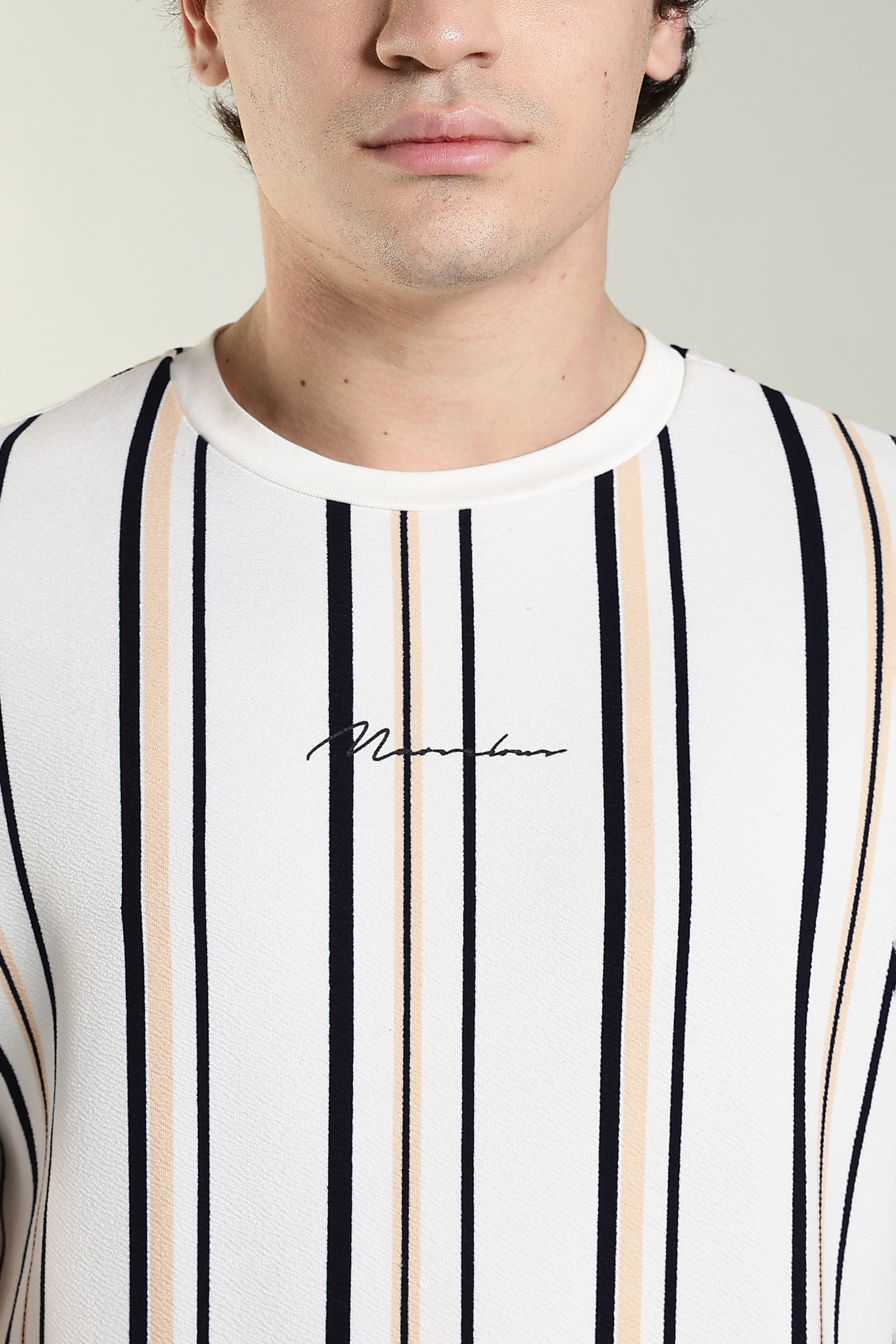 Striped Casual T-Shirt – White with Black & Beige Stripes